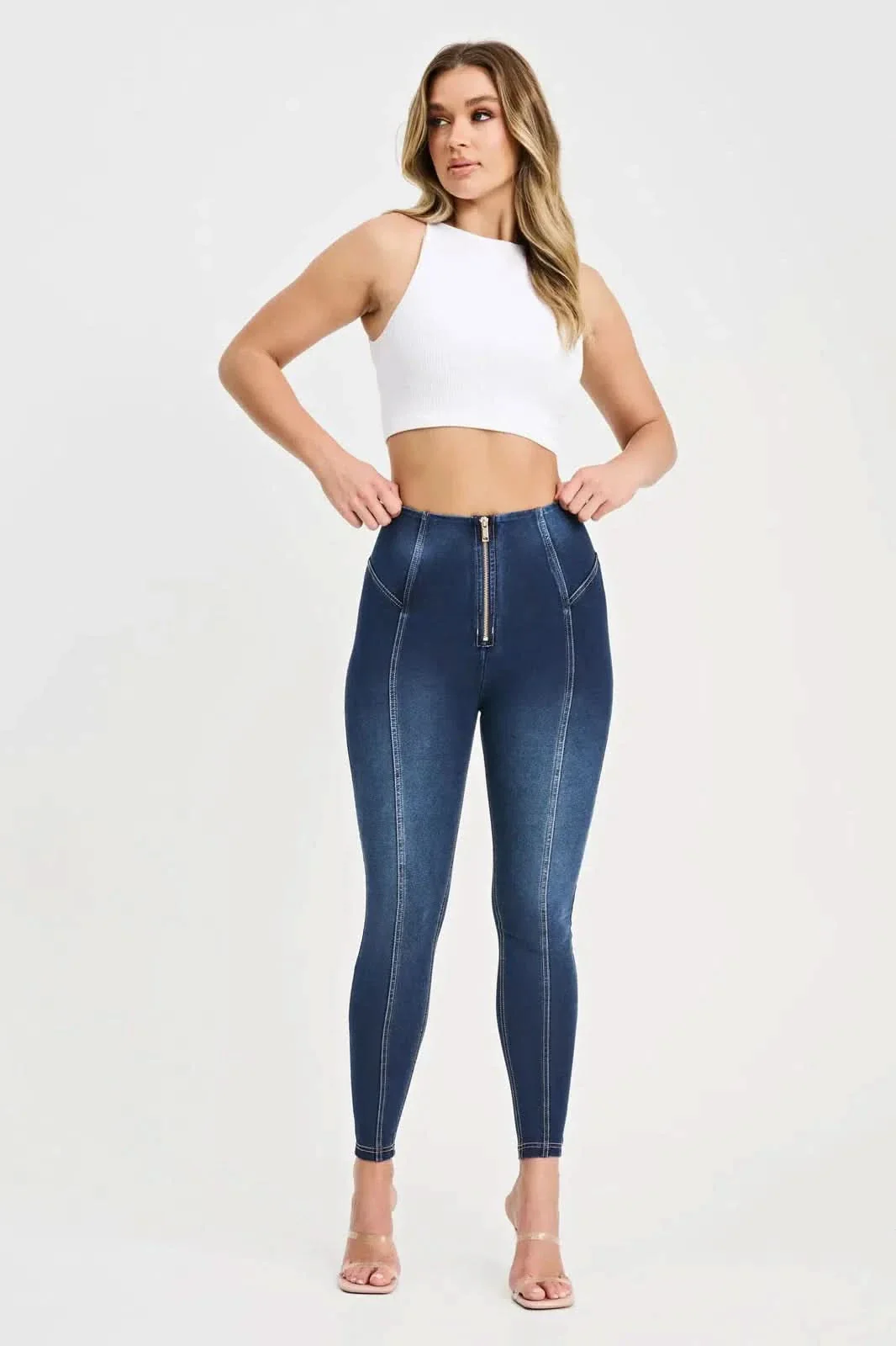 WRUP Denim with Feature Seam - High Waisted - Ankle Length - Dark Blue + Beige Stitching - Image 7