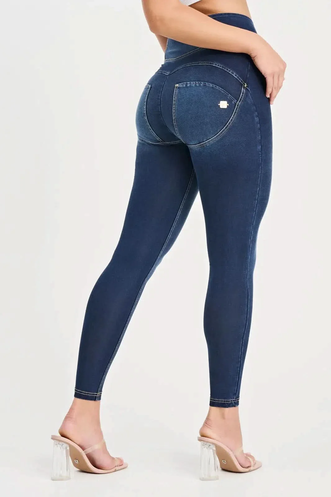 WRUP Denim with Feature Seam - High Waisted - Ankle Length - Dark Blue + Beige Stitching - Image 8