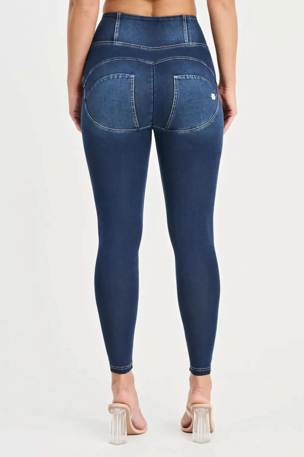 WRUP Denim with Feature Seam - High Waisted - Ankle Length - Dark Blue + Beige Stitching - Image 9