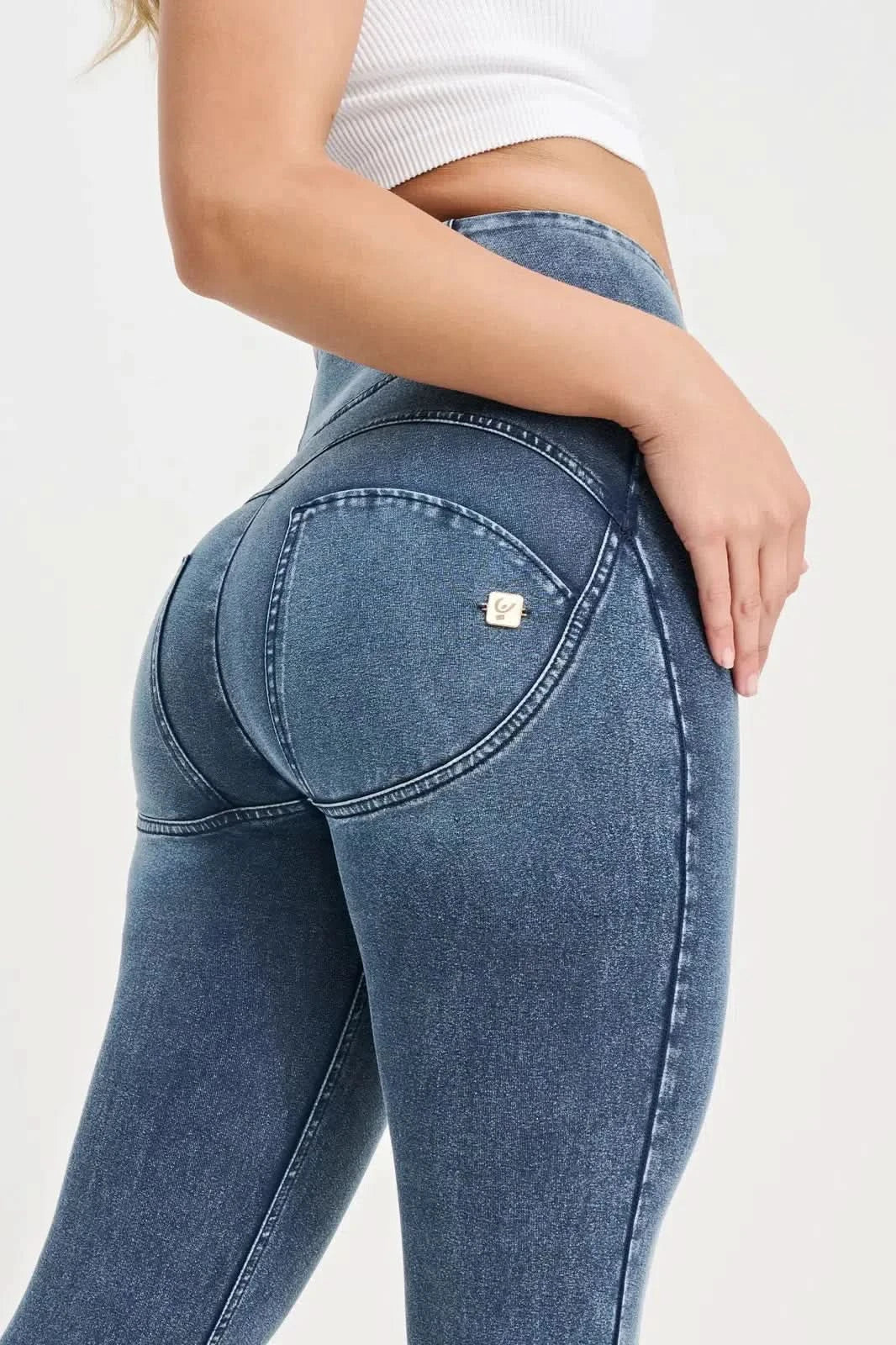 WRUP Denim with Feature Seam - High Waisted - Ankle Length - Vintage Blue + Blue Stitching - Image 11