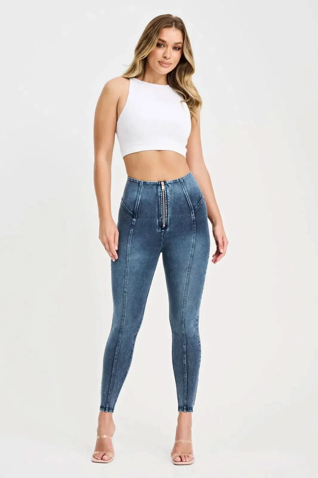 WRUP Denim with Feature Seam - High Waisted - Ankle Length - Vintage Blue + Blue Stitching - Image 2
