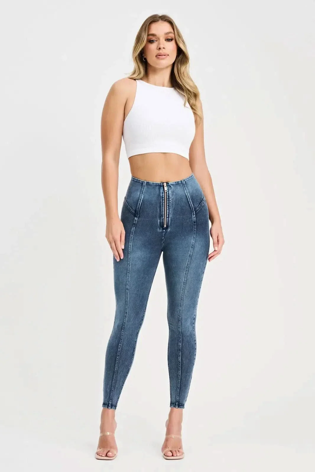 WRUP Denim with Feature Seam - High Waisted - Ankle Length - Vintage Blue + Blue Stitching - Image 6