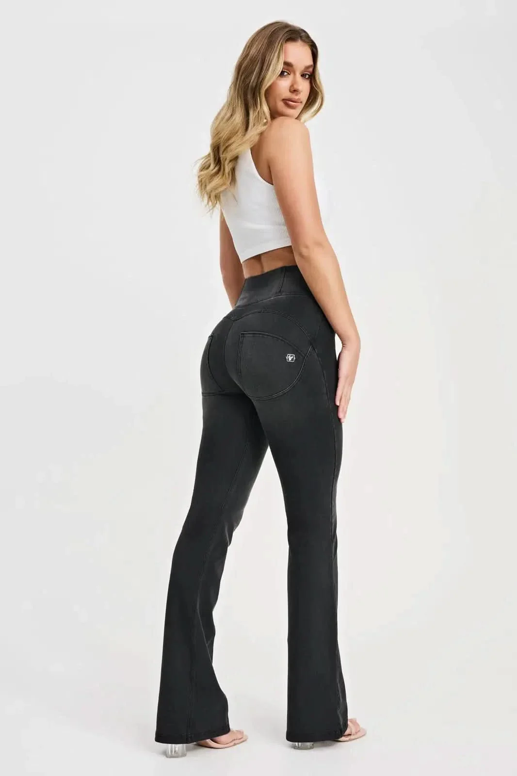 WRUP Denim with Feature Seam - High Waisted - Bell Bottom Flare - Black + Black Stitching - Image 4