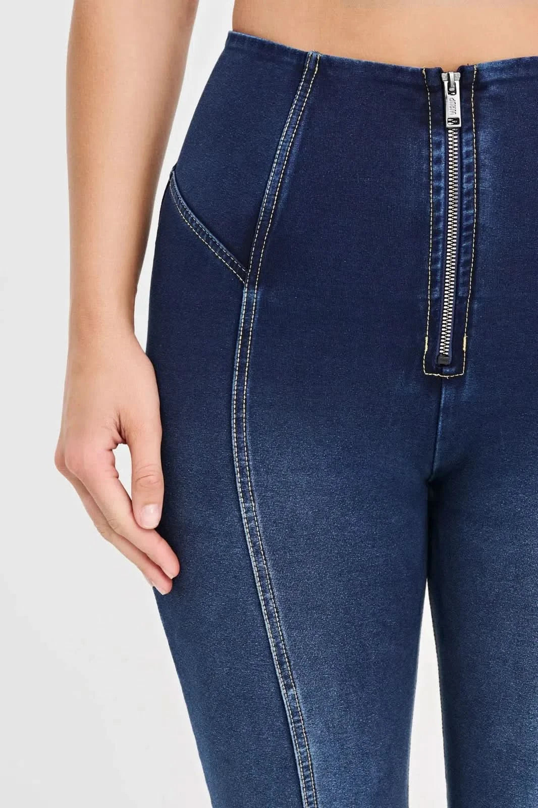 WRUP Denim with Feature Seam - High Waisted - Bell Bottom Flare - Dark Blue + Beige Stitching - Image 10