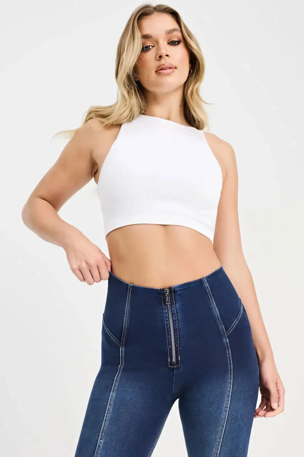 WRUP Denim with Feature Seam - High Waisted - Bell Bottom Flare - Dark Blue + Beige Stitching - Image 4