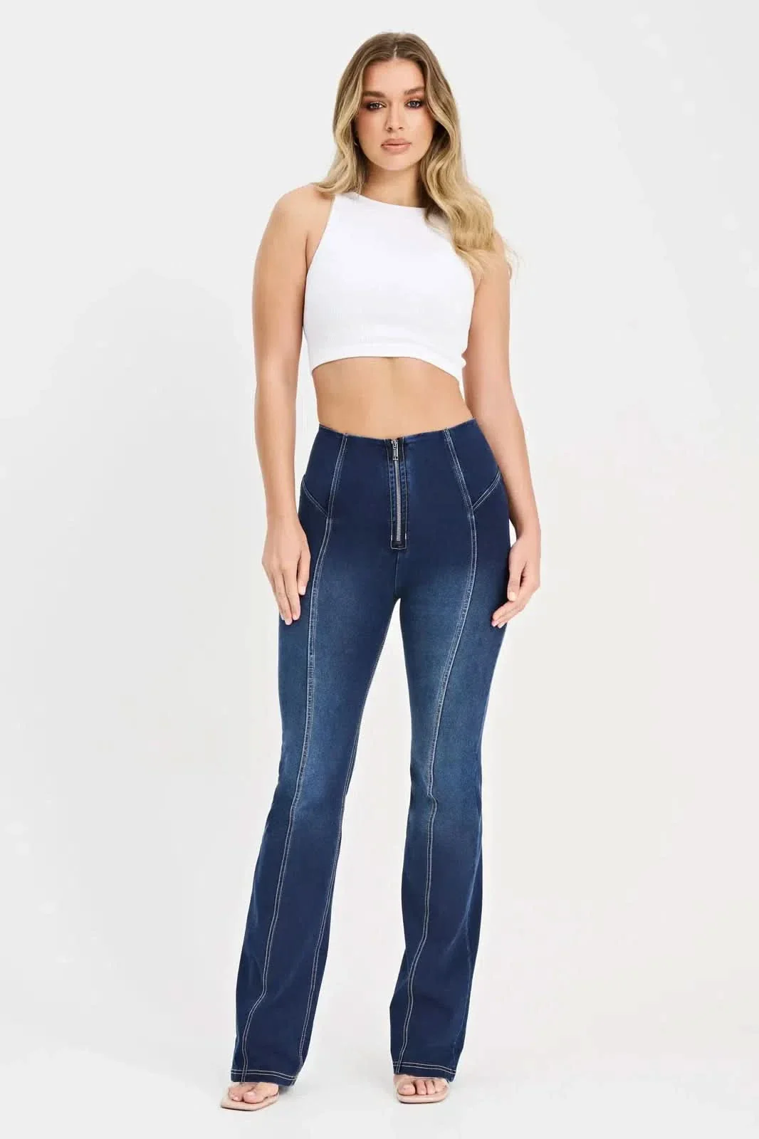 WRUP Denim with Feature Seam - High Waisted - Bell Bottom Flare - Dark Blue + Beige Stitching - Image 6