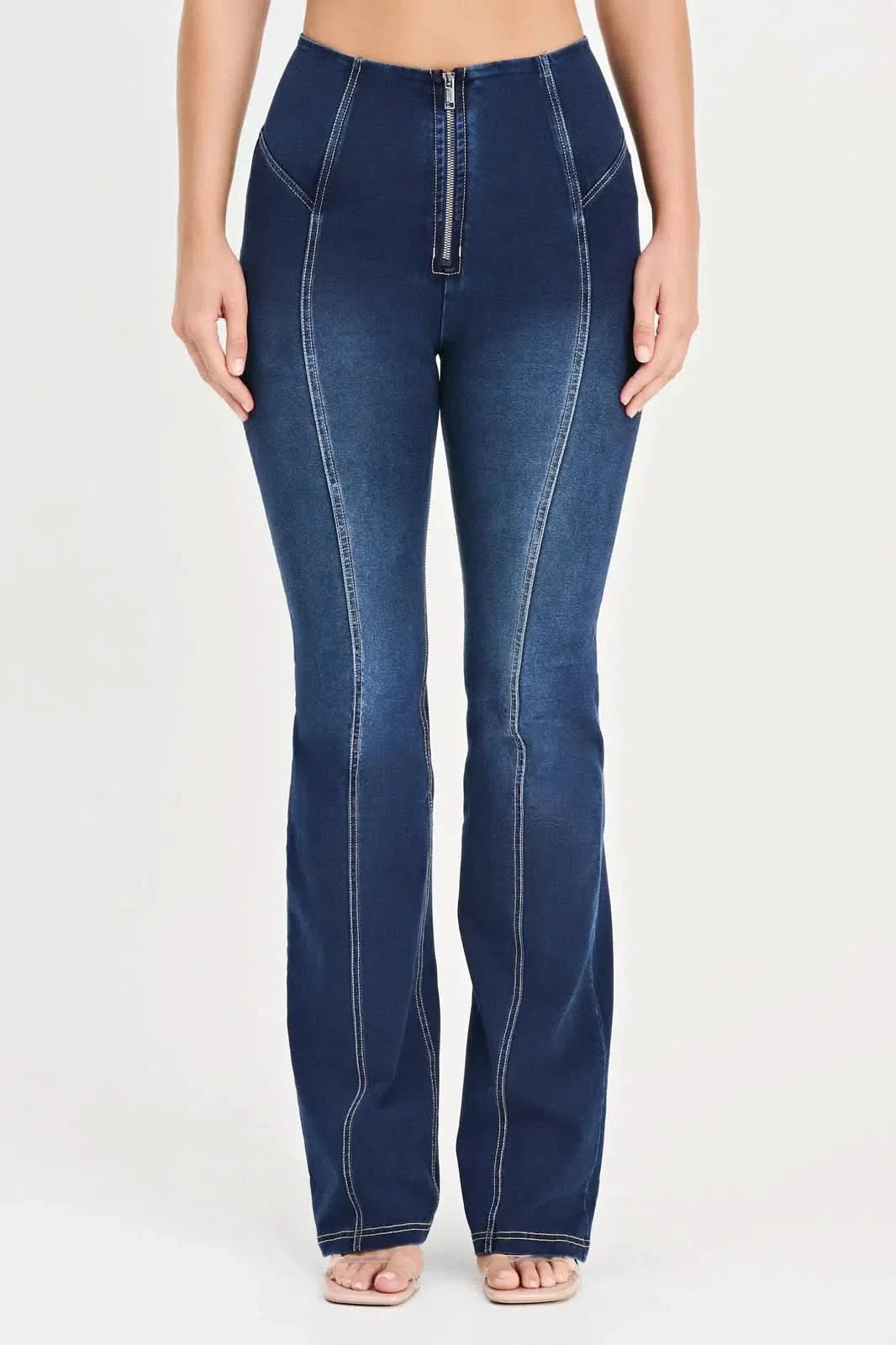 WRUP Denim with Feature Seam - High Waisted - Bell Bottom Flare - Dark Blue + Beige Stitching - Image 8