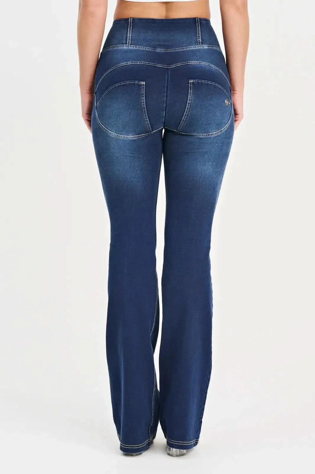 WRUP Denim with Feature Seam - High Waisted - Bell Bottom Flare - Dark Blue + Beige Stitching - Image 9