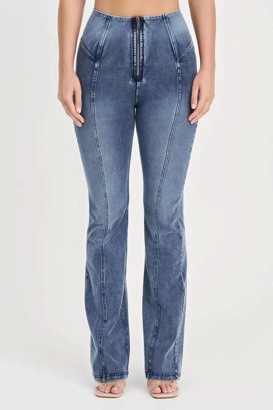 WRUP Denim with Feature Seam - High Waisted - Bell Bottom Flare - Vintage Blue + Blue Stitching - Image 11