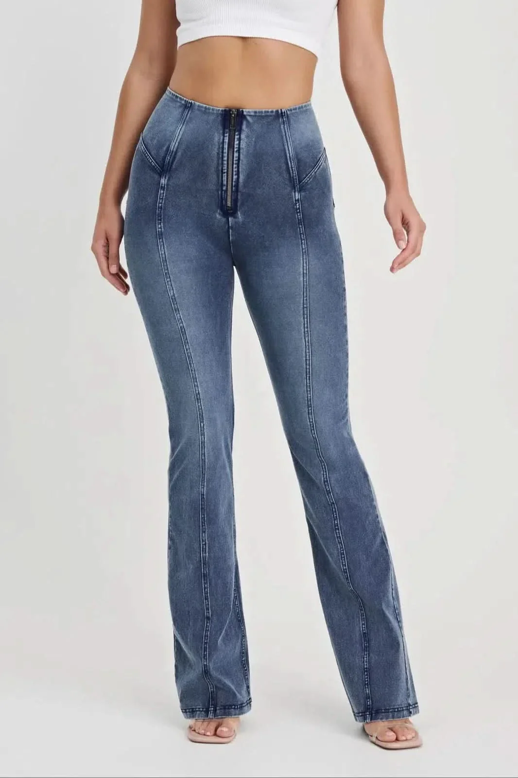 WRUP Denim with Feature Seam - High Waisted - Bell Bottom Flare - Vintage Blue + Blue Stitching - Image 5