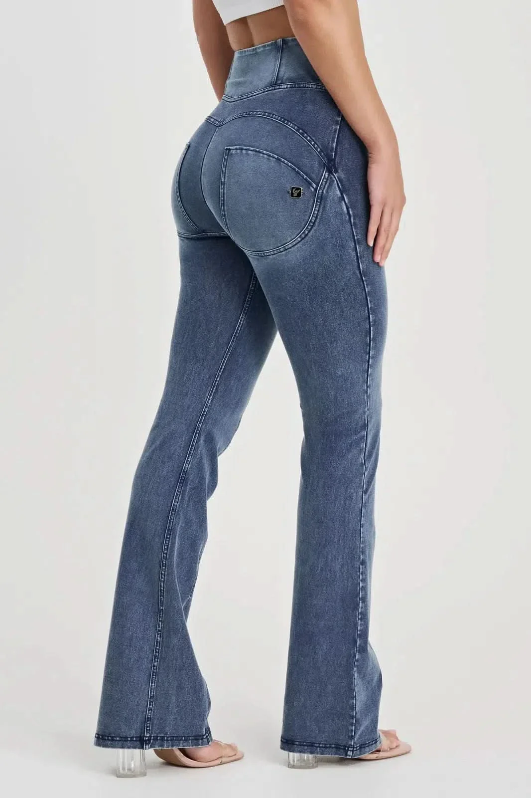 WRUP Denim with Feature Seam - High Waisted - Bell Bottom Flare - Vintage Blue + Blue Stitching - Image 6