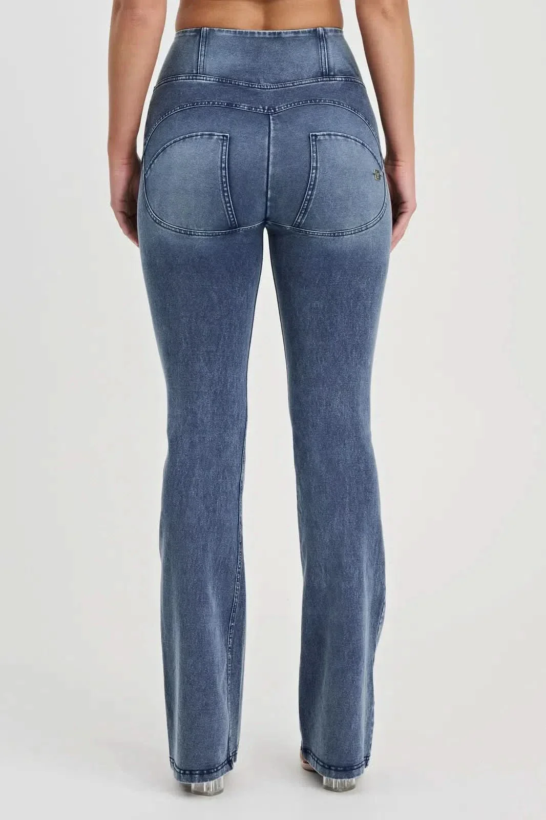 WRUP Denim with Feature Seam - High Waisted - Bell Bottom Flare - Vintage Blue + Blue Stitching - Image 8