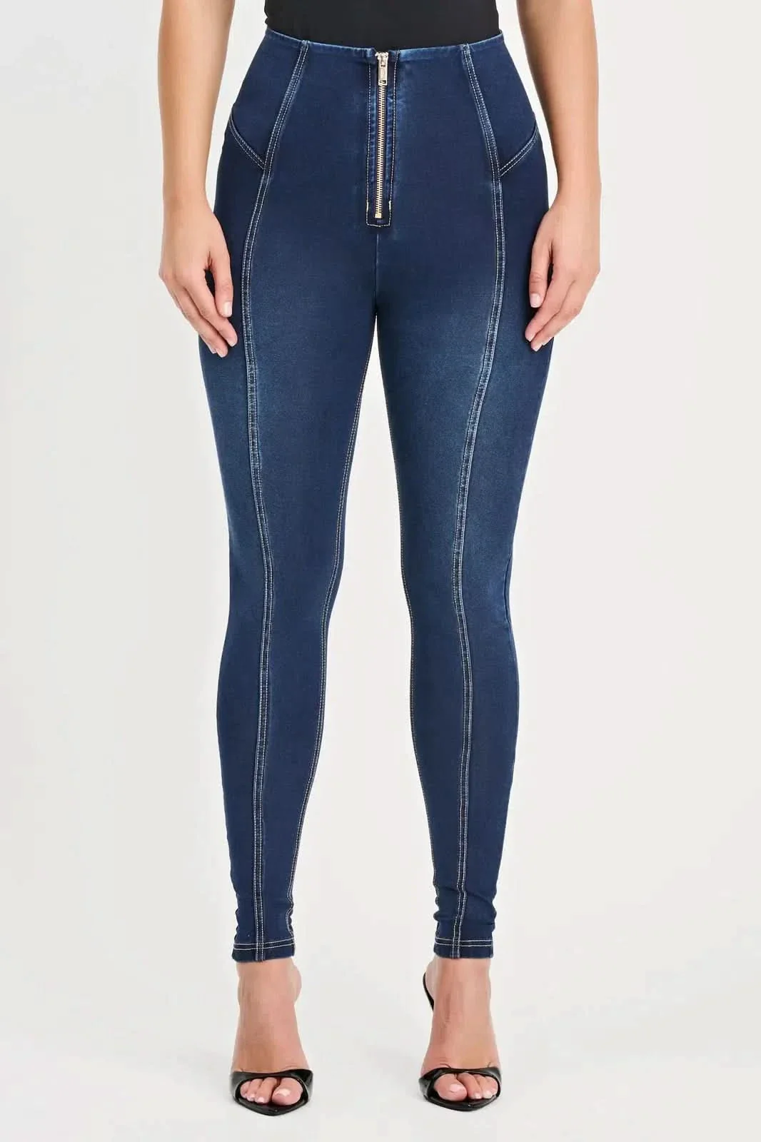 WRUP Denim with Feature Seam - High Waisted - Full Length - Dark Blue + Beige Stitching - Image 3