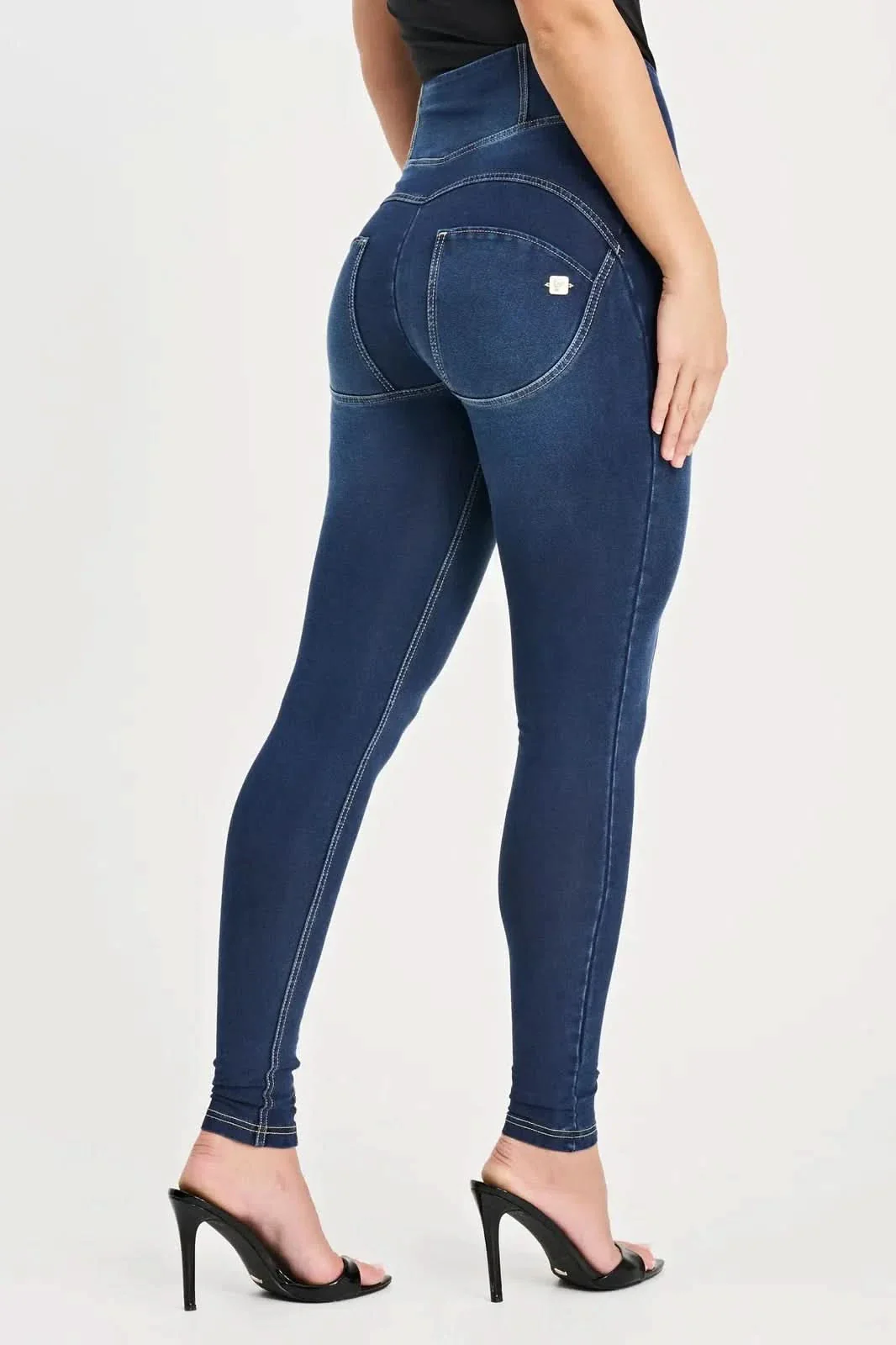 WRUP Denim with Feature Seam - High Waisted - Full Length - Dark Blue + Beige Stitching - Image 4