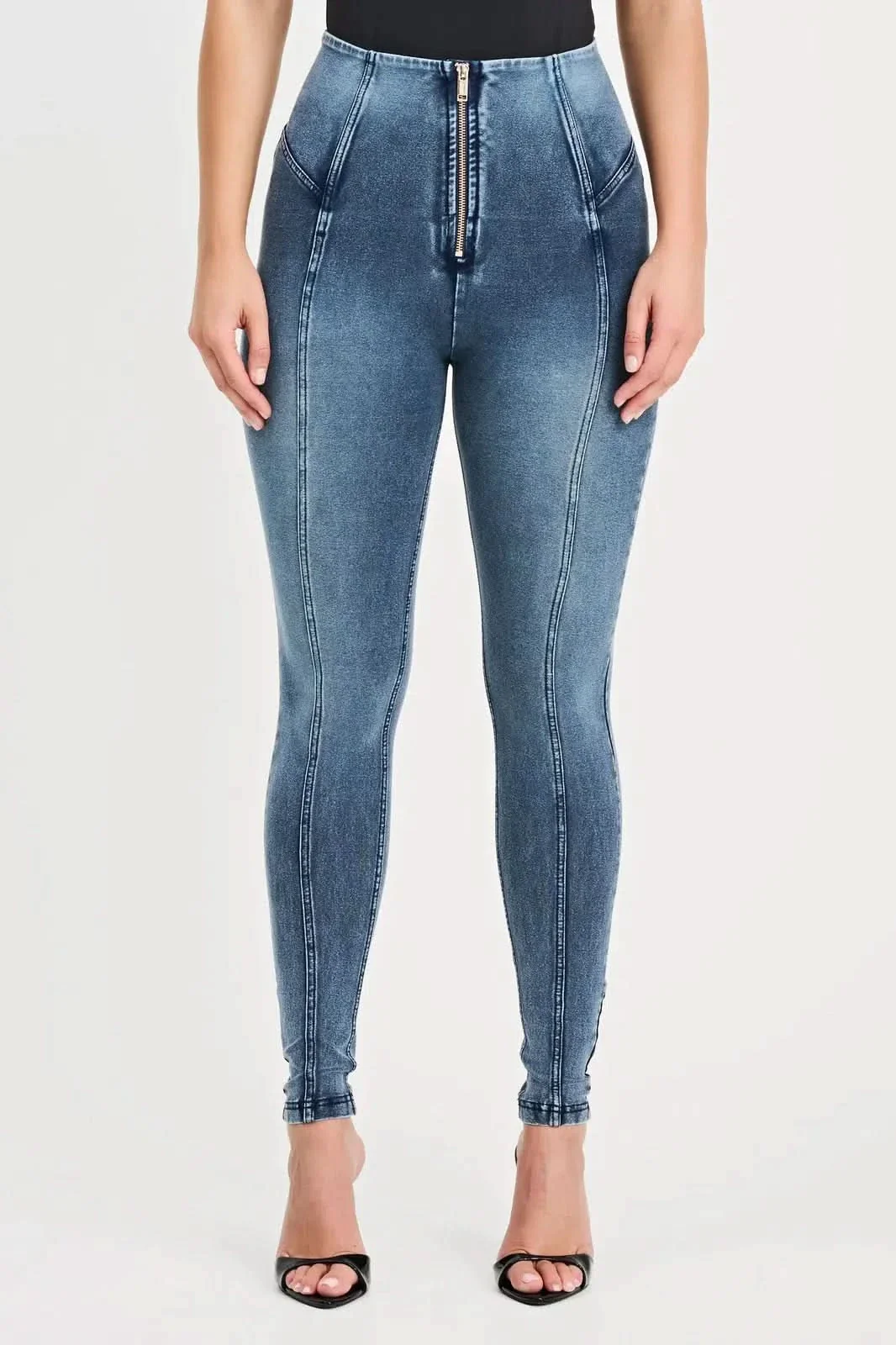 WRUP Denim with Feature Seam - High Waisted - Full Length - Vintage Blue + Blue Stitching - Image 5