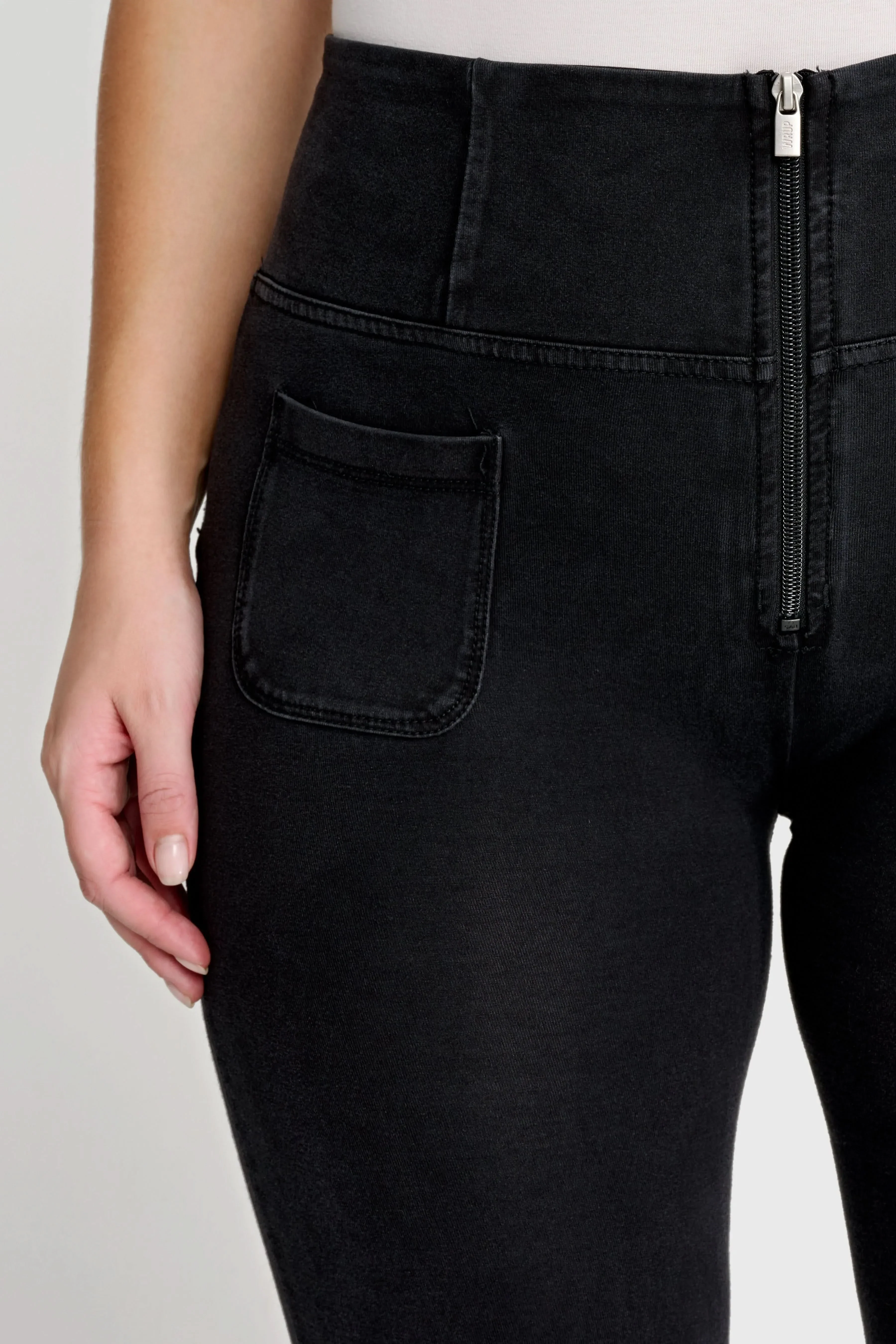 WRUP Denim with Front Pockets - Super High Waisted - Flare - Black + Black Stitching - Image 7