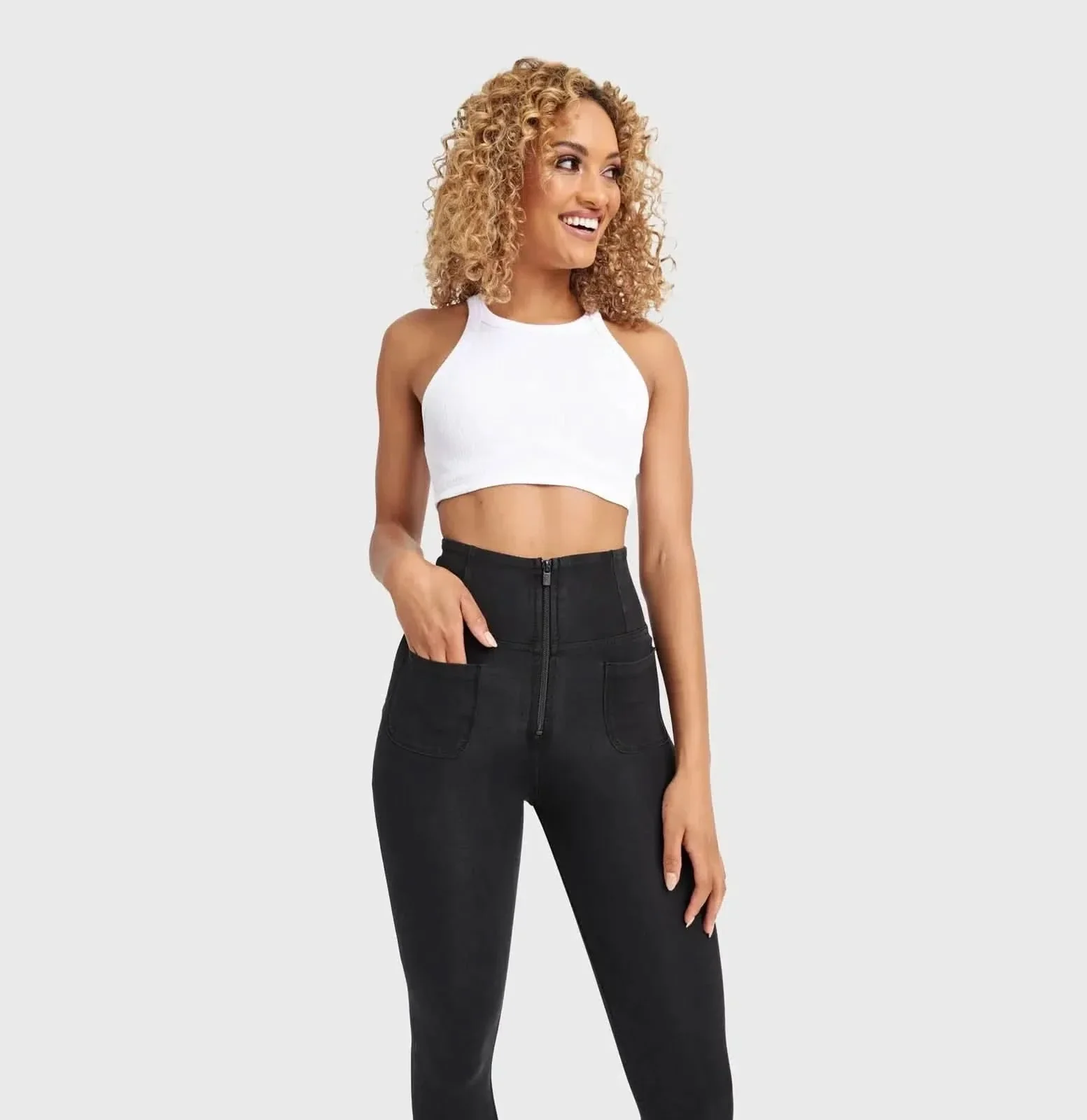WRUP Denim With Front Pockets - Super High Waisted - Ankle Length - Black + Black Stitching - Image 4