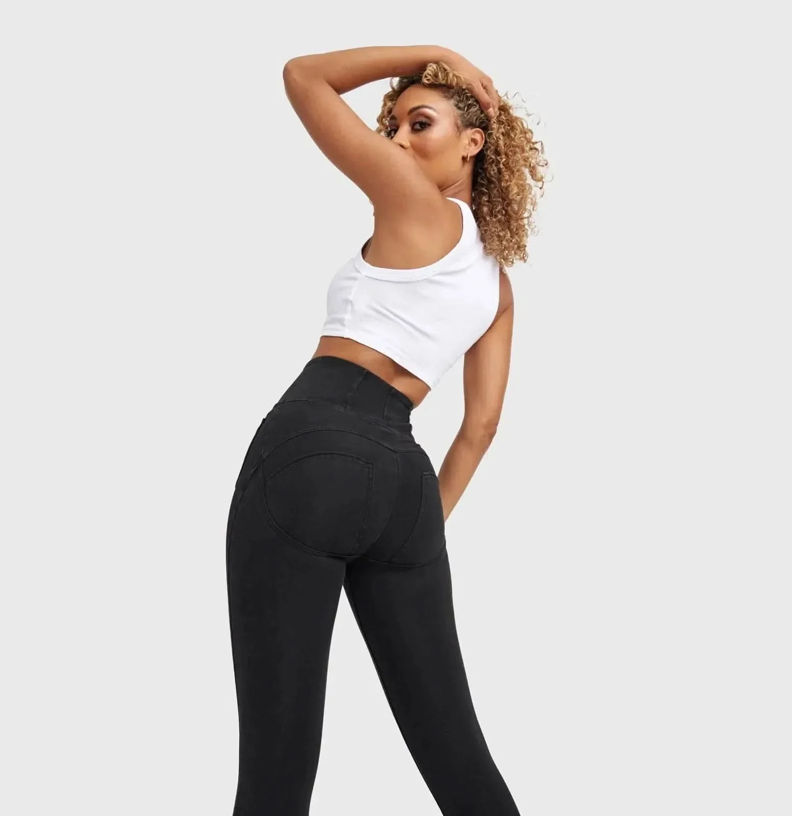 WRUP Denim With Front Pockets - Super High Waisted - Ankle Length - Black + Black Stitching - Image 6
