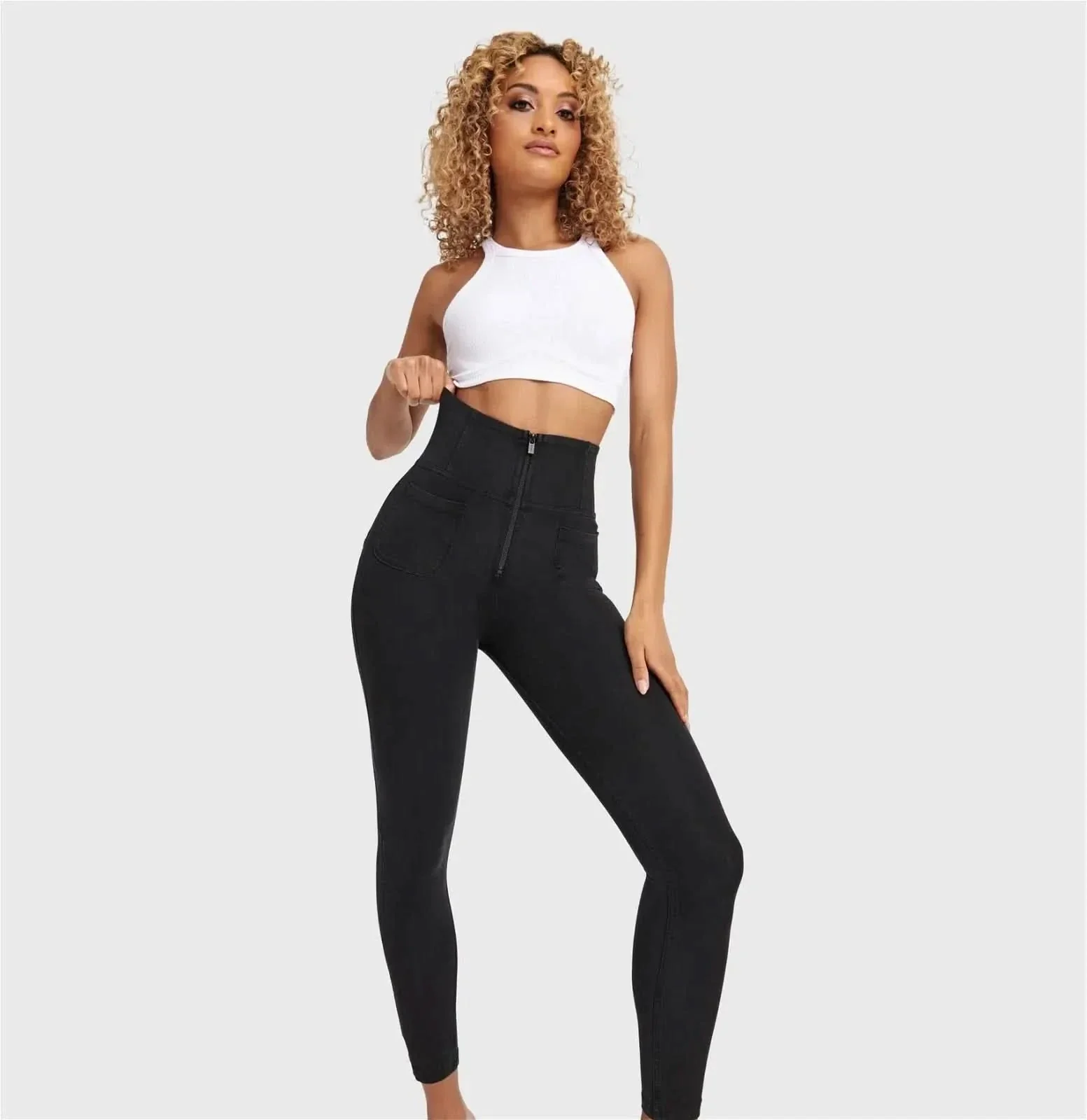 WRUP Denim With Front Pockets - Super High Waisted - Ankle Length - Black + Black Stitching - Image 7