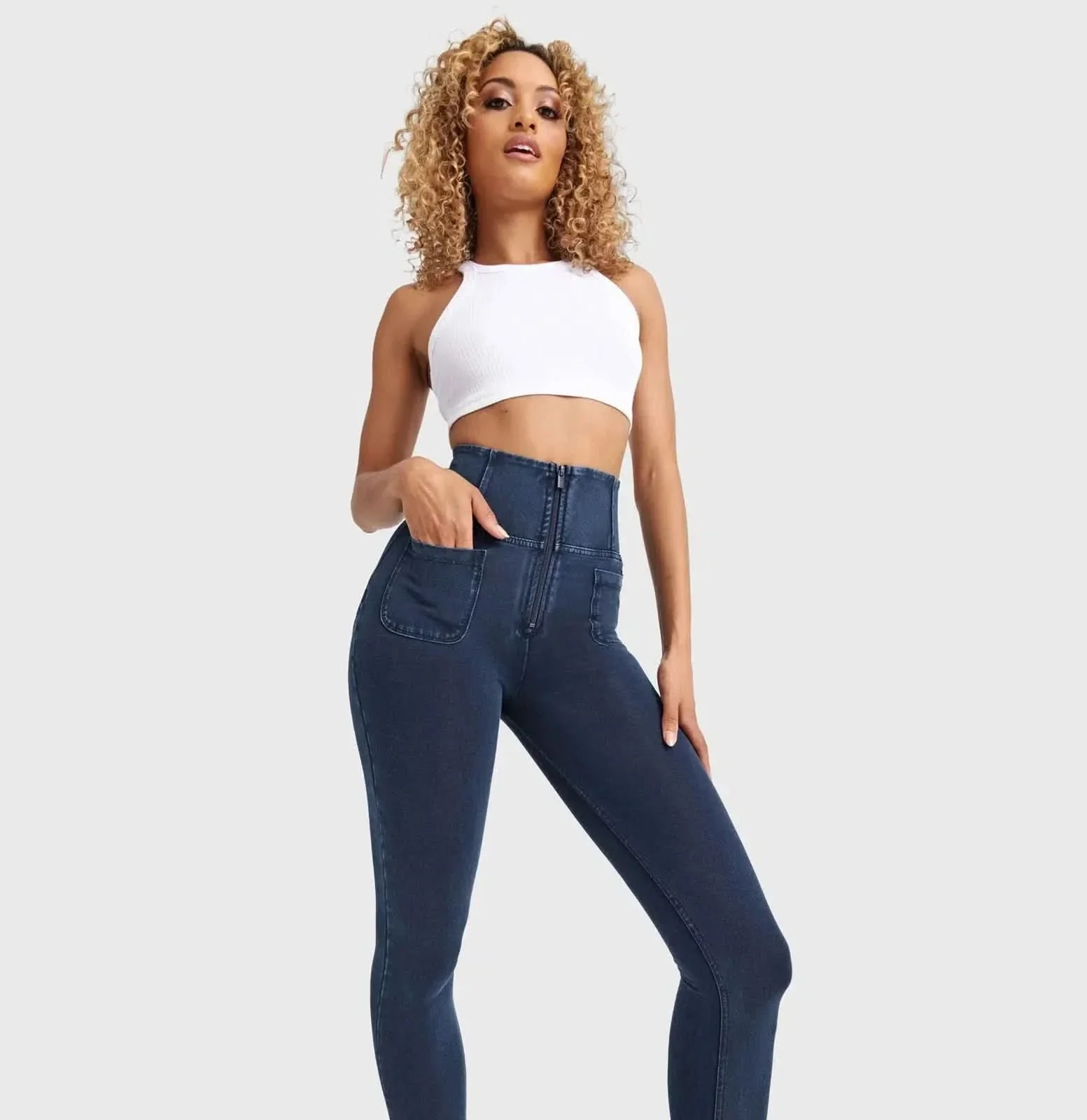 WRUP Denim With Front Pockets - Super High Waisted - Ankle Length - Dark Blue + Blue Stitching - Image 4
