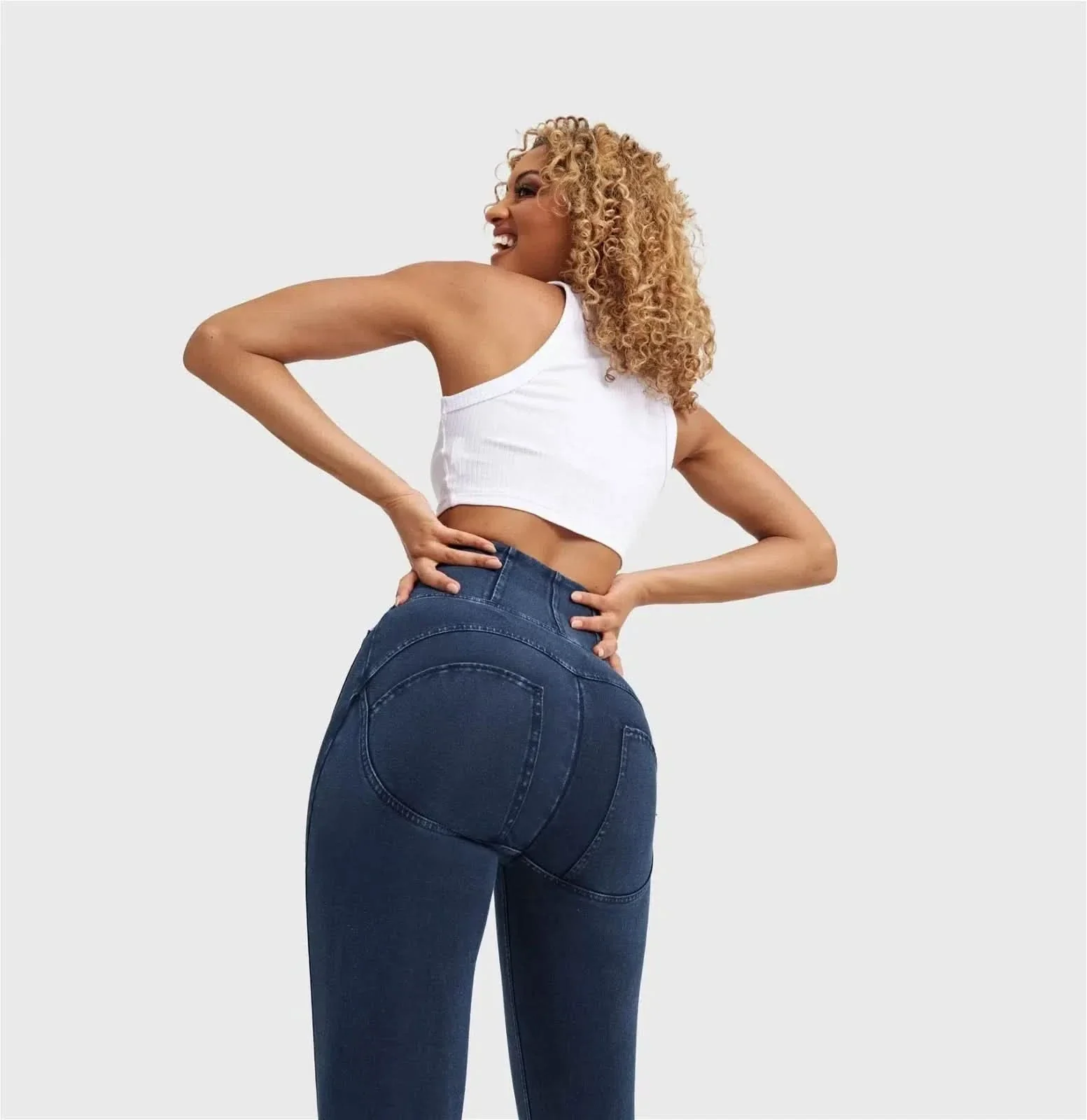 WRUP Denim With Front Pockets - Super High Waisted - Ankle Length - Dark Blue + Blue Stitching - Image 6