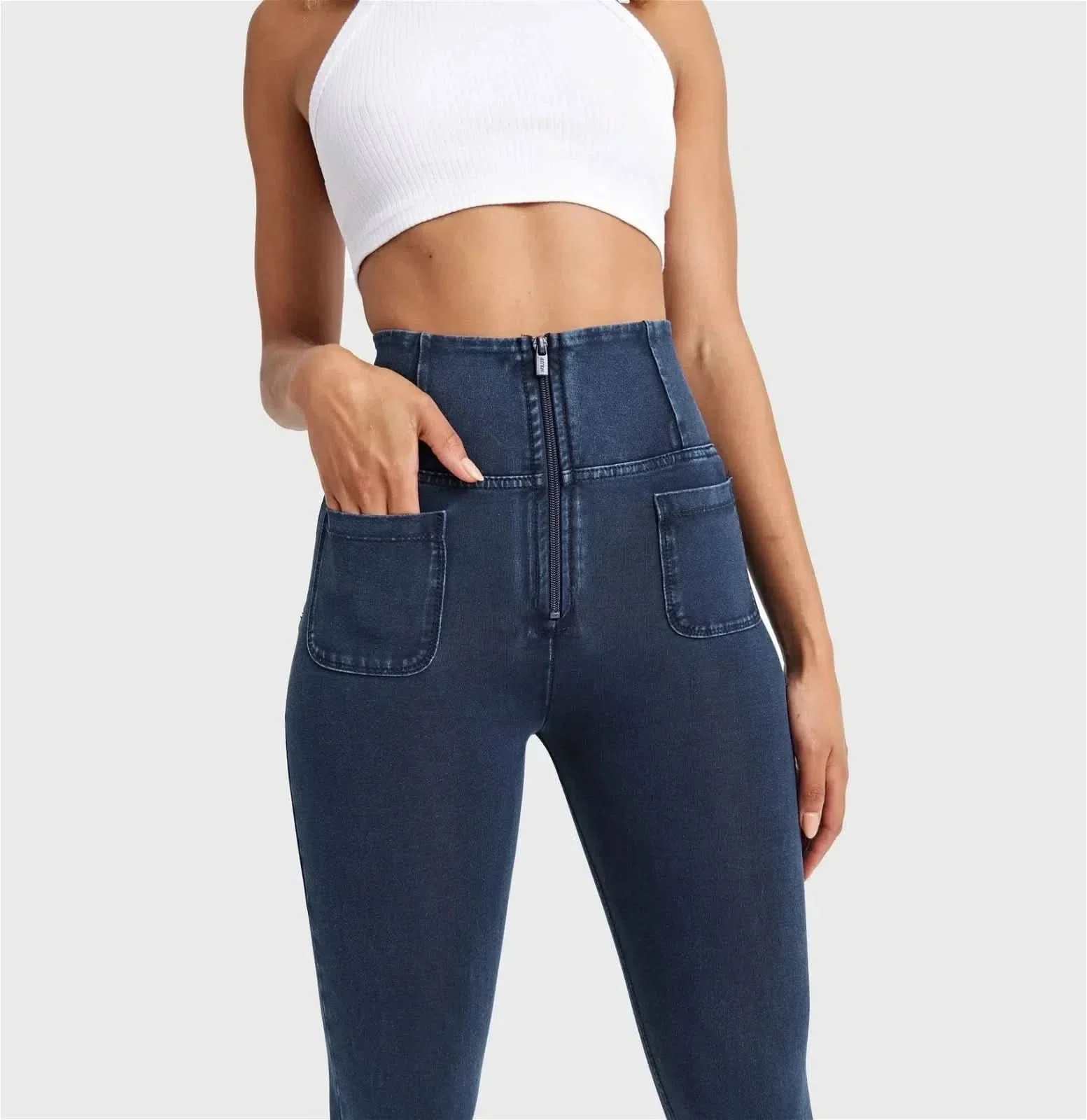 WRUP Denim With Front Pockets - Super High Waisted - Ankle Length - Dark Blue + Blue Stitching - Image 7