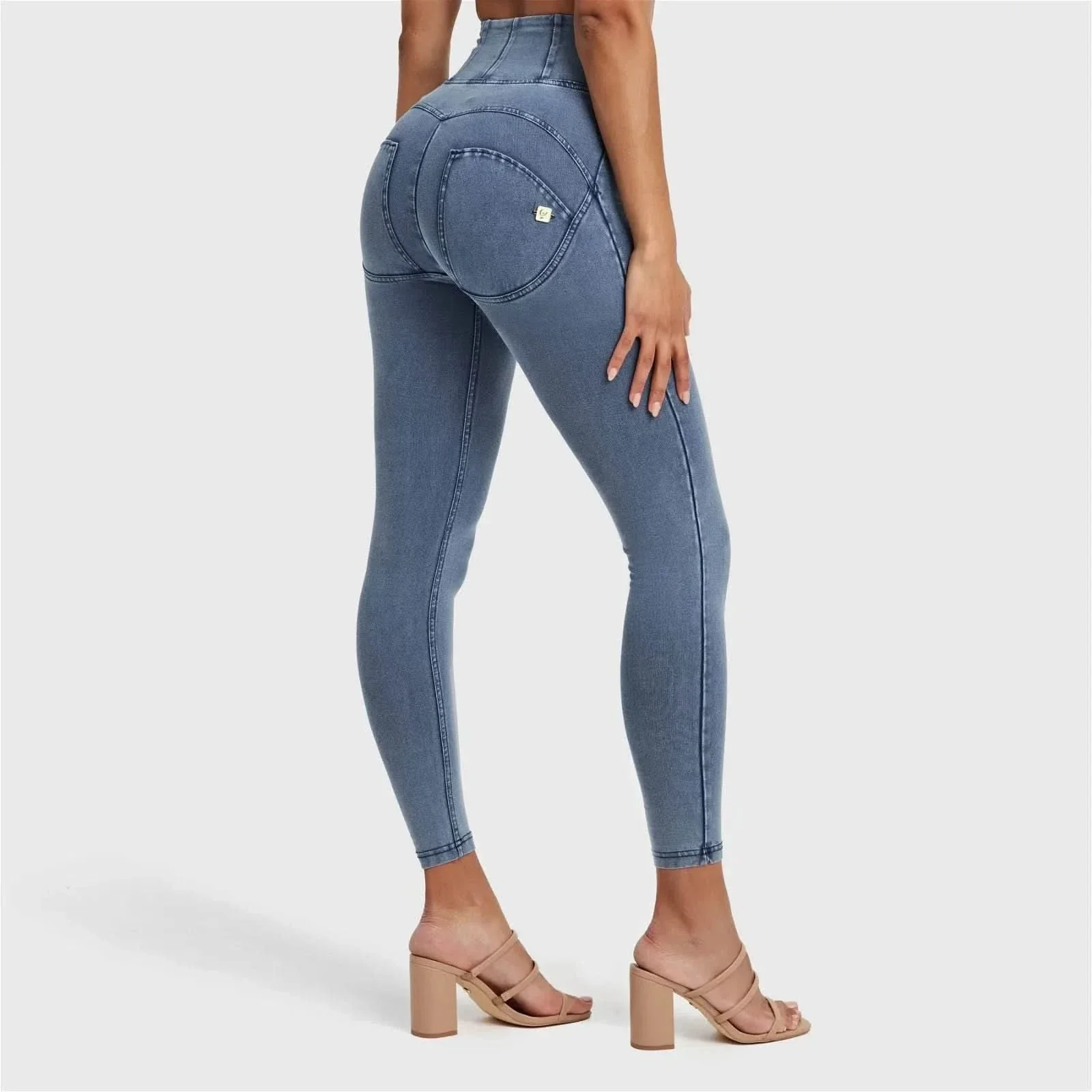 WRUP Denim With Front Pockets - Super High Waisted - Ankle Length - Light Blue + Blue Stitching - Image 5