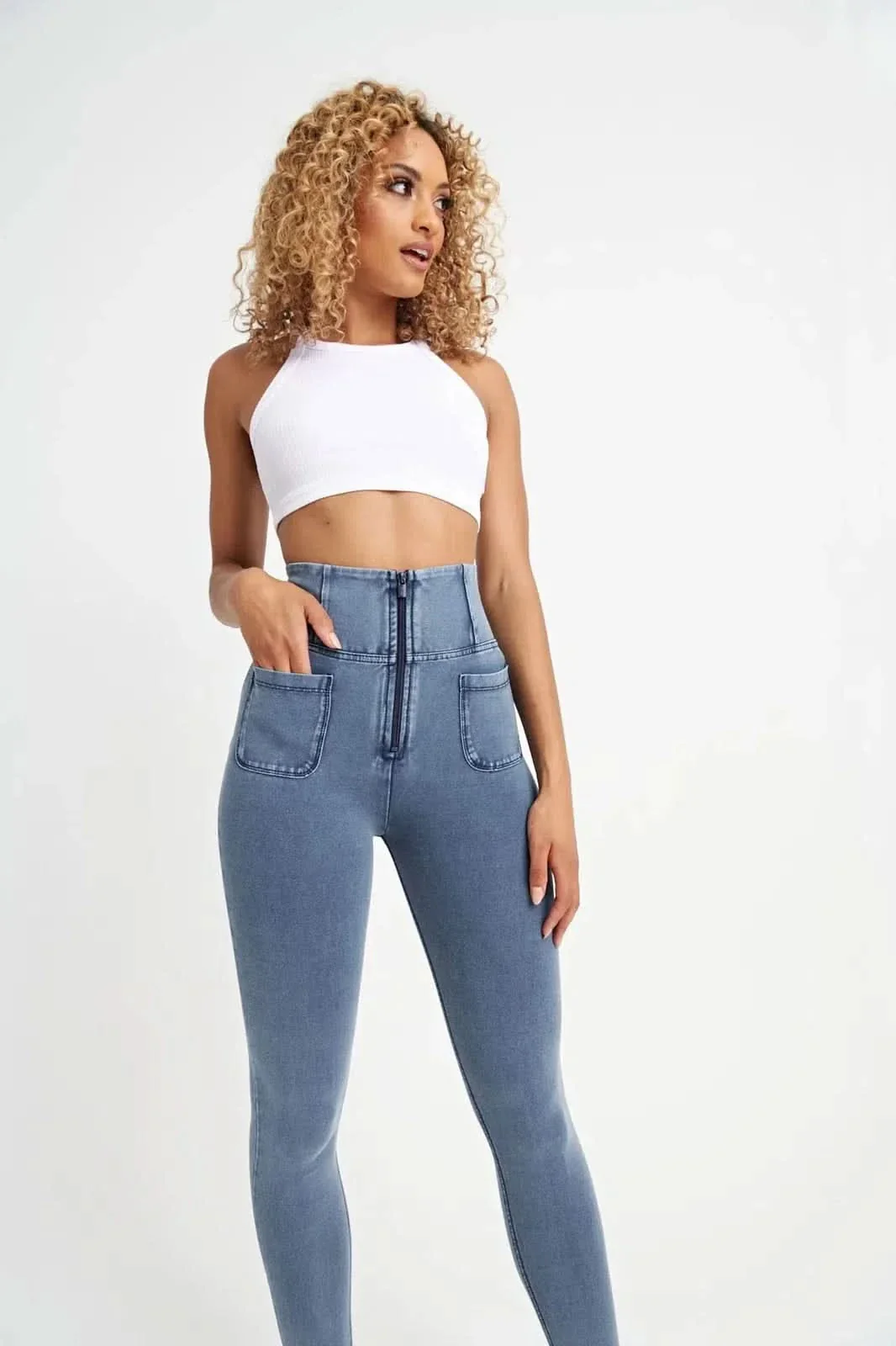 WRUP Denim With Front Pockets - Super High Waisted - Ankle Length - Light Blue + Blue Stitching - Image 6