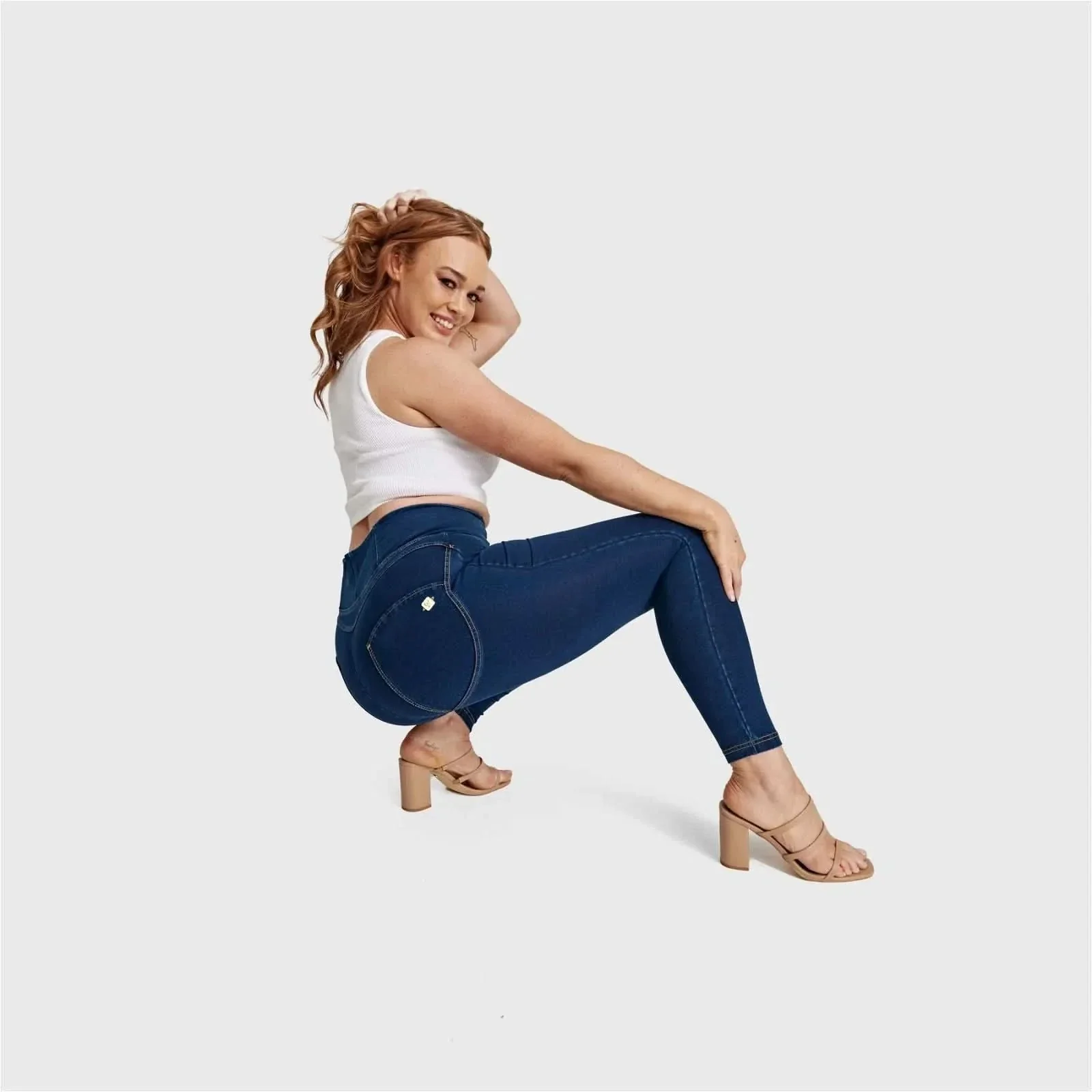 WRUP Curvy Denim - Zip High Waisted - Ankle Length - Dark Blue + Yellow Stitching - Image 2