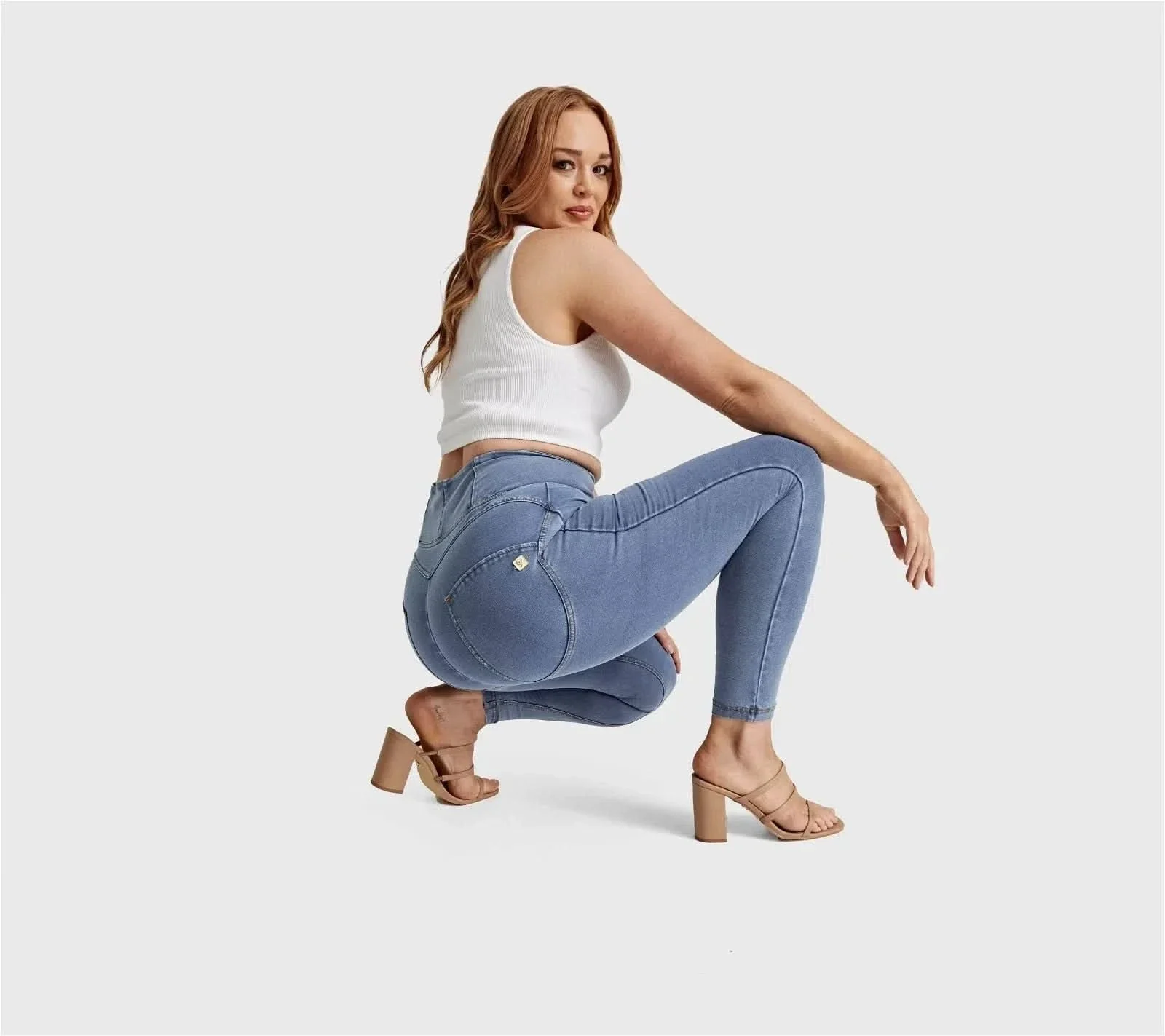 WRUP Curvy Denim - Zip High Waisted - Ankle Length - Light Blue + Yellow Stitching - Image 2