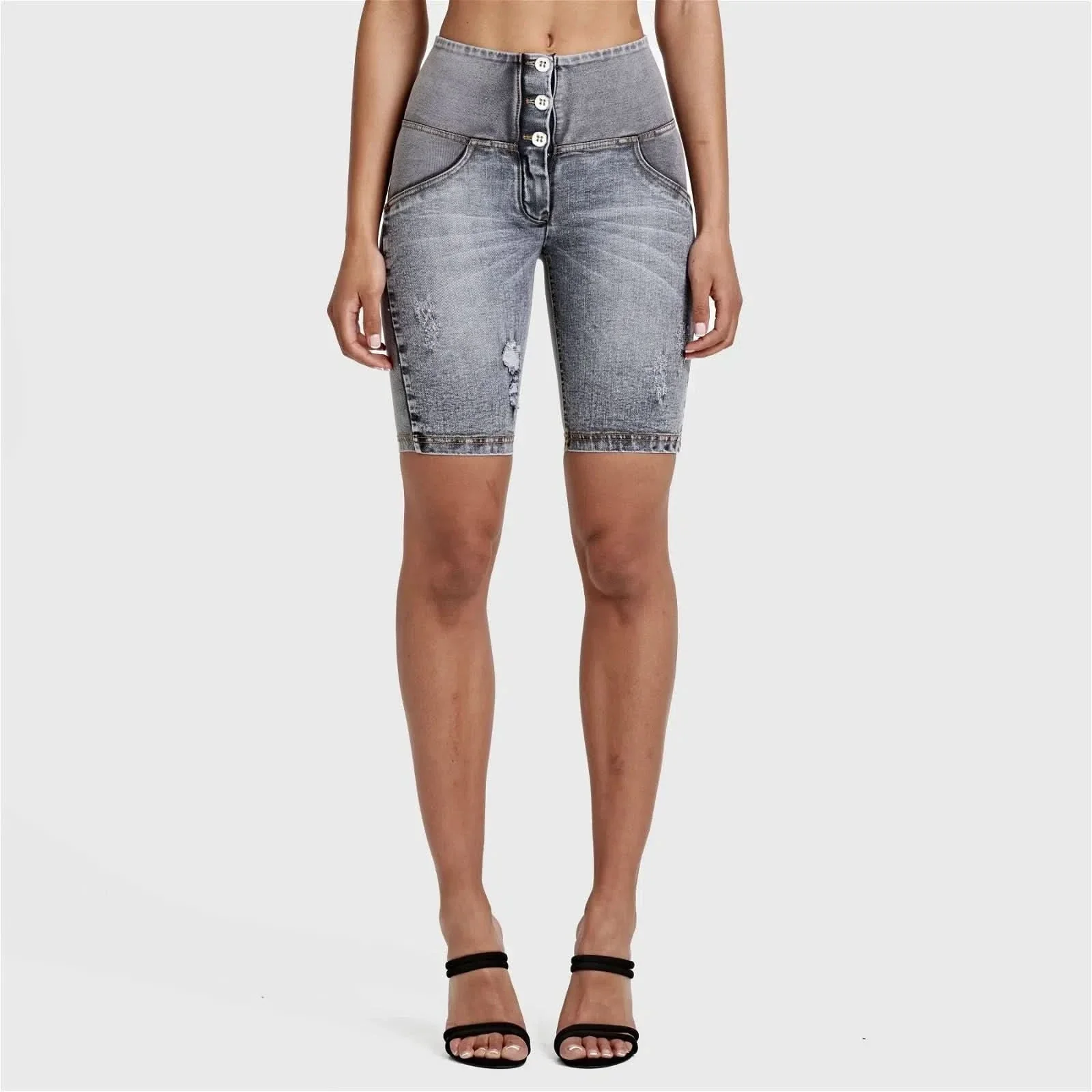 WRUP Distressed Denim - High Waisted - Biker Shorts - Grey + Yellow Stitching - Image 3