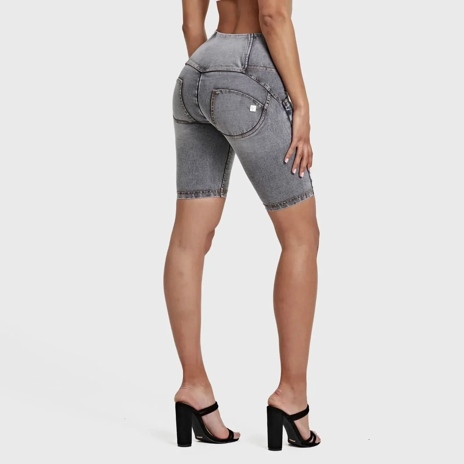 WRUP Distressed Denim - High Waisted - Biker Shorts - Grey + Yellow Stitching - Image 8