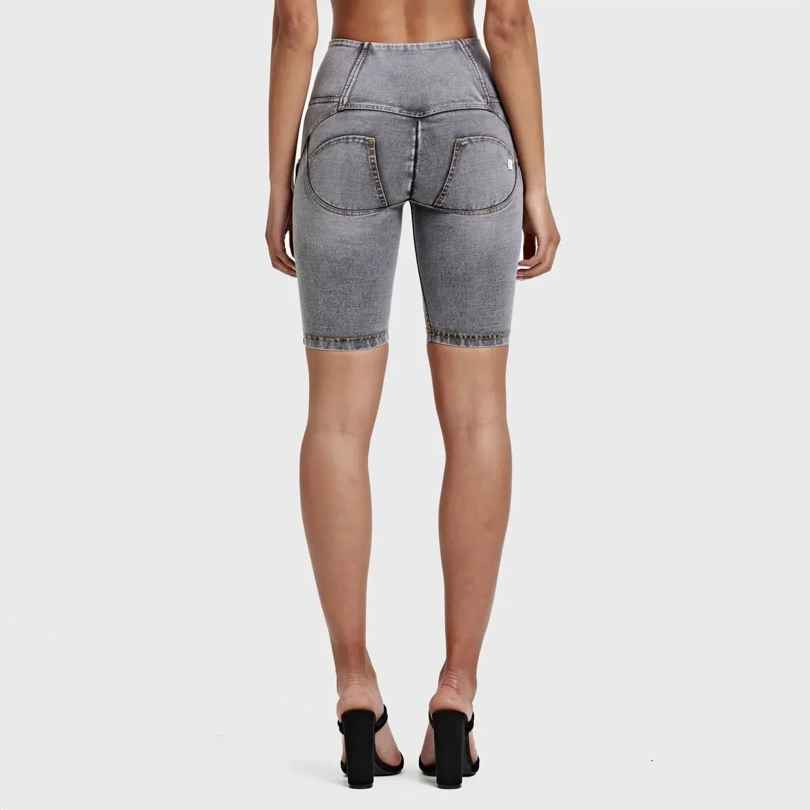 WRUP Distressed Denim - High Waisted - Biker Shorts - Grey + Yellow Stitching - Image 9