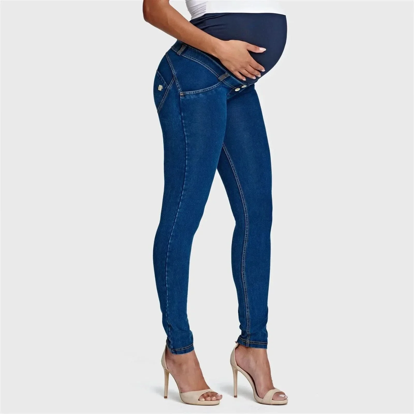 WRUP Maternity Denim - Full Length - Dark Blue + Yellow Stitching - Image 5