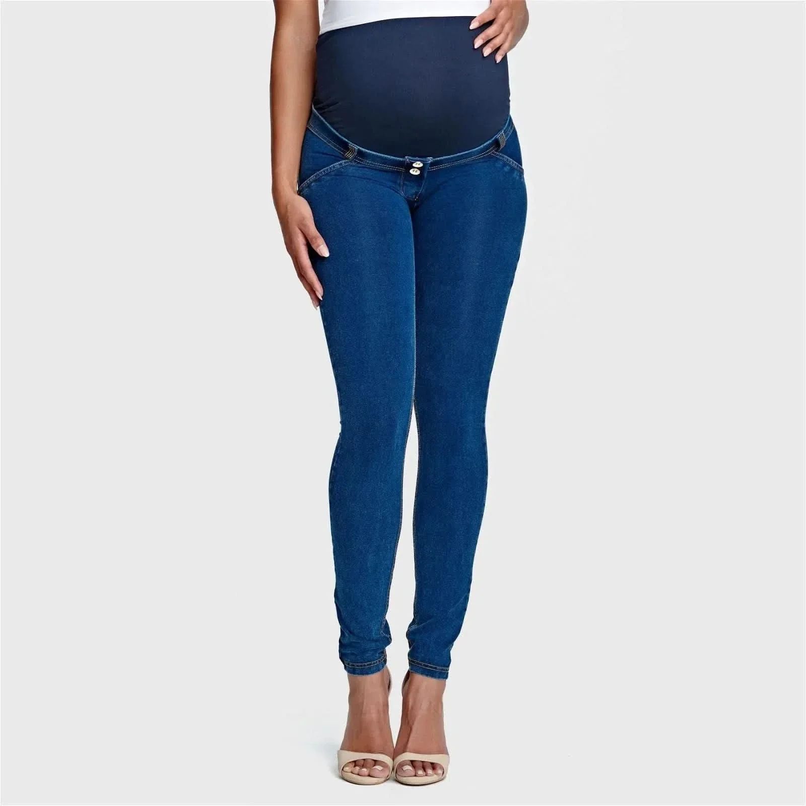 WRUP Maternity Denim - Full Length - Dark Blue + Yellow Stitching - Image 2