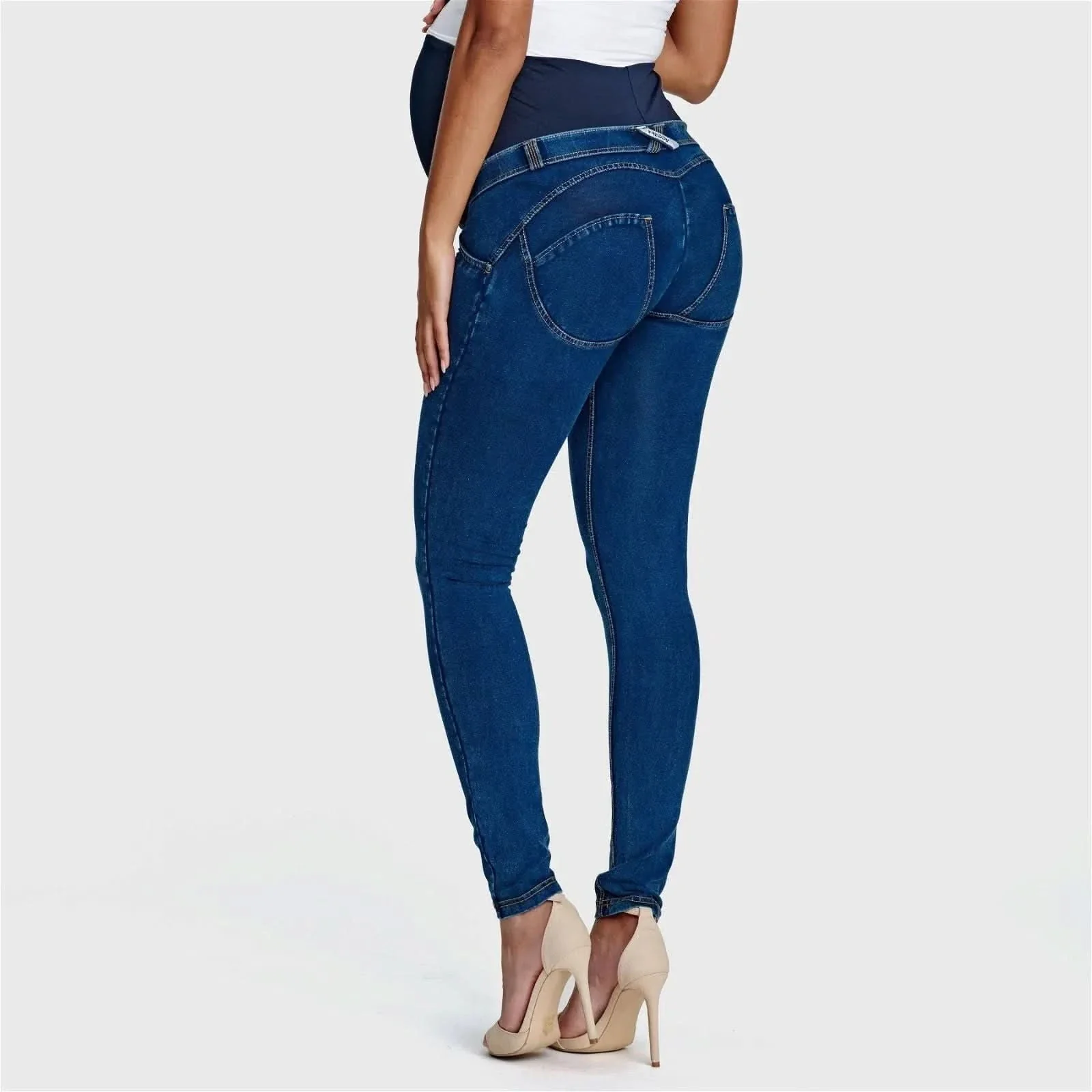 WRUP Maternity Denim - Full Length - Dark Blue + Yellow Stitching - Image 3