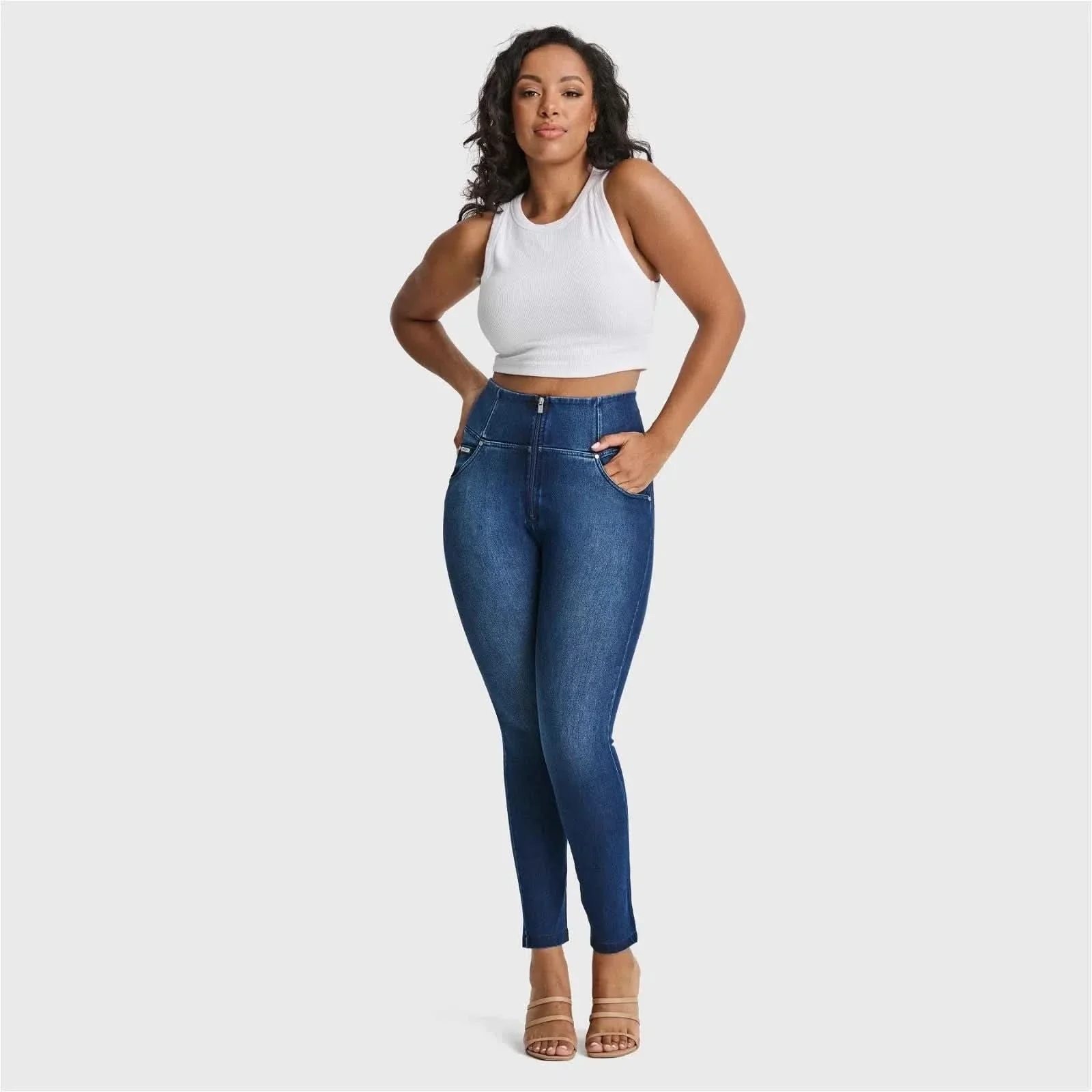 WRUP SNUG Curvy Jeans - High Waisted - Full Length - Dark Blue + Blue Stitching - Image 2