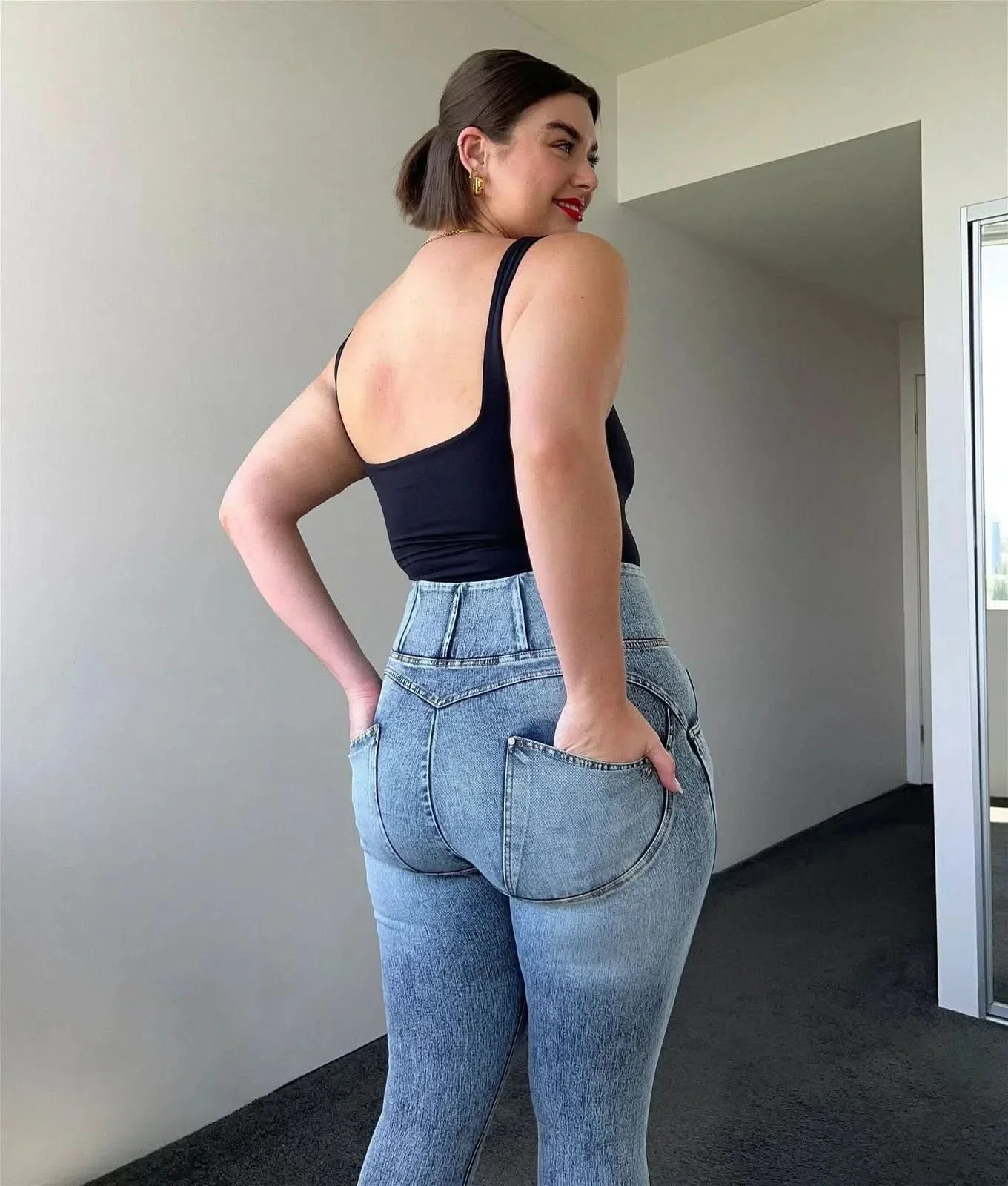 WRUP SNUG Curvy Ripped Jeans - High Waisted - Full Length - Blue Stonewash + Yellow Stitching - Image 5