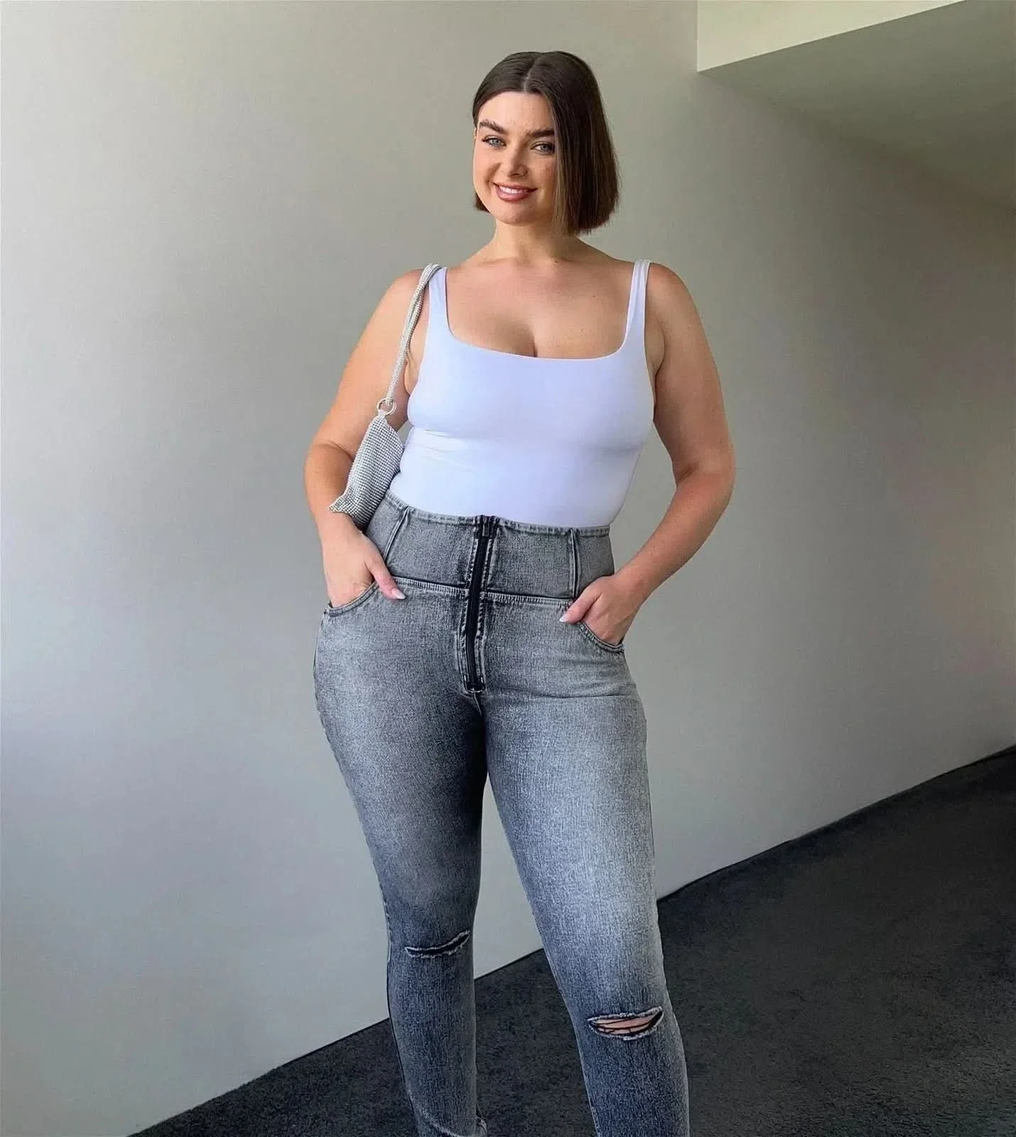 WRUP SNUG Curvy Ripped Jeans - High Waisted - Full Length - Grey Stonewash + Grey Stitching - Image 7
