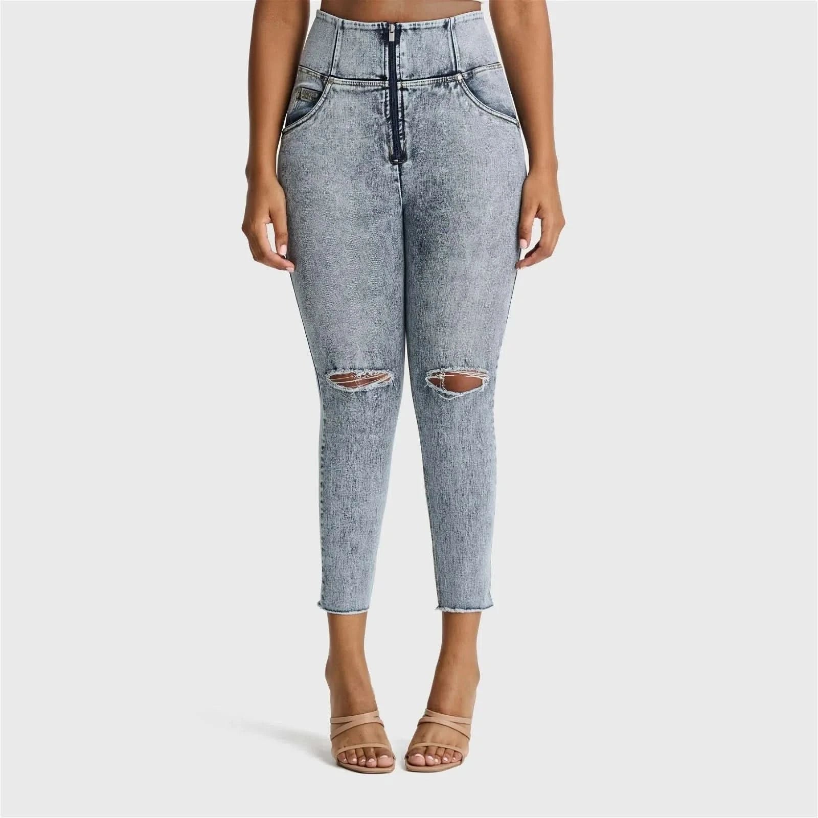 WRUP SNUG Curvy Ripped Jeans - High Waisted - Ankle Length - Blue Stonewash + Yellow Stitching - Image 2