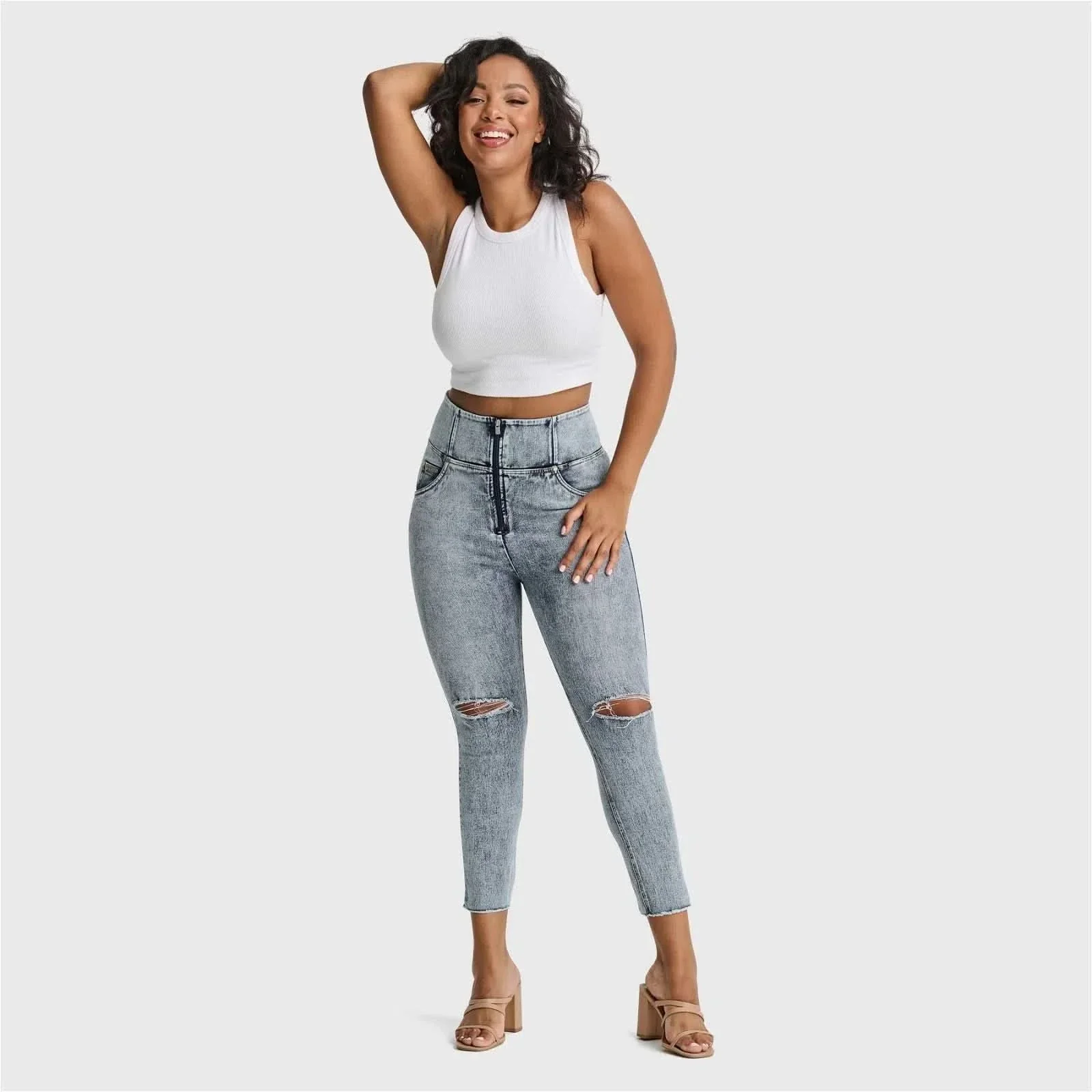 WRUP SNUG Curvy Ripped Jeans - High Waisted - Ankle Length - Blue Stonewash + Yellow Stitching - Image 3