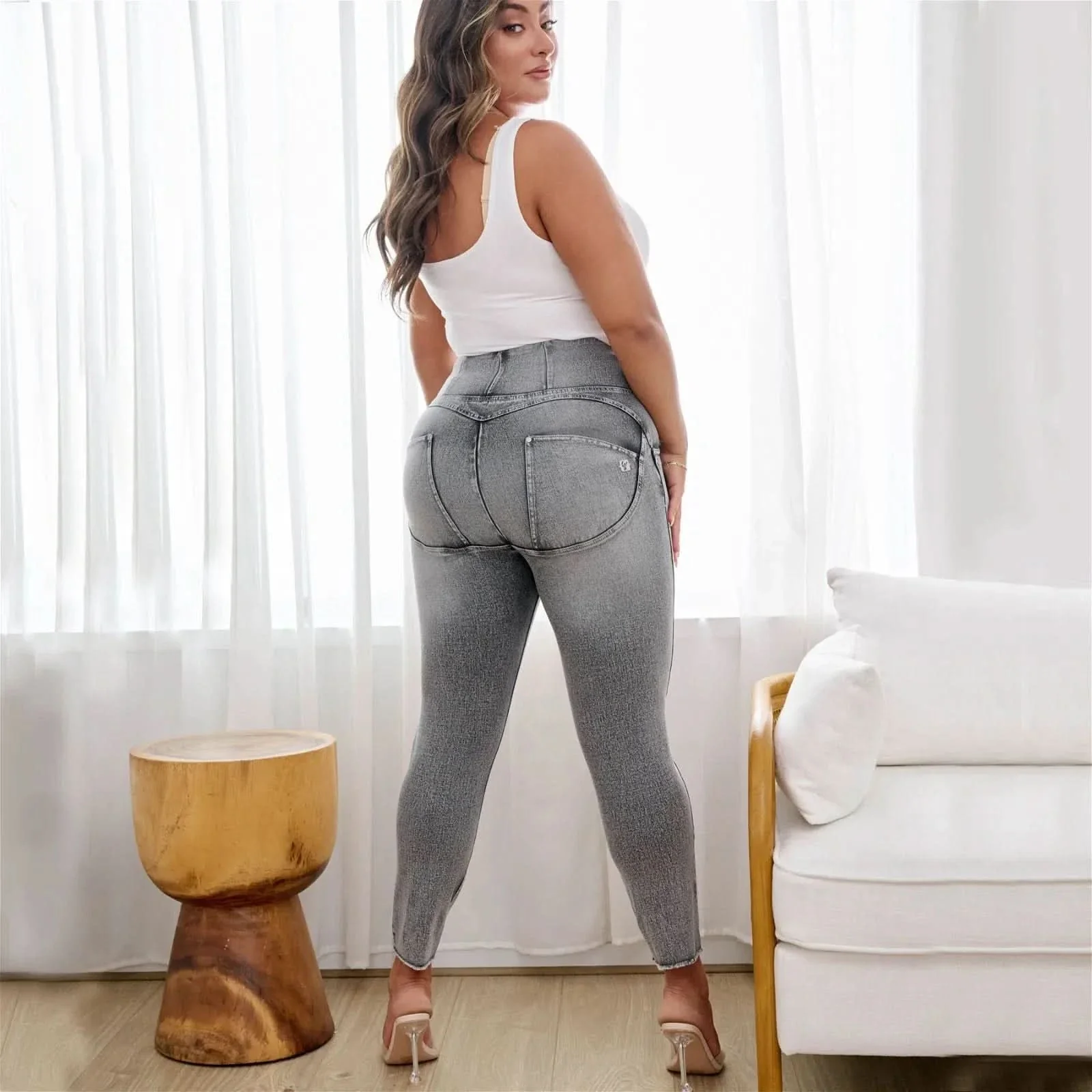 WRUP SNUG Curvy Ripped Jeans - High Waisted - Ankle Length - Grey Stonewash + Grey Stitching - Image 2
