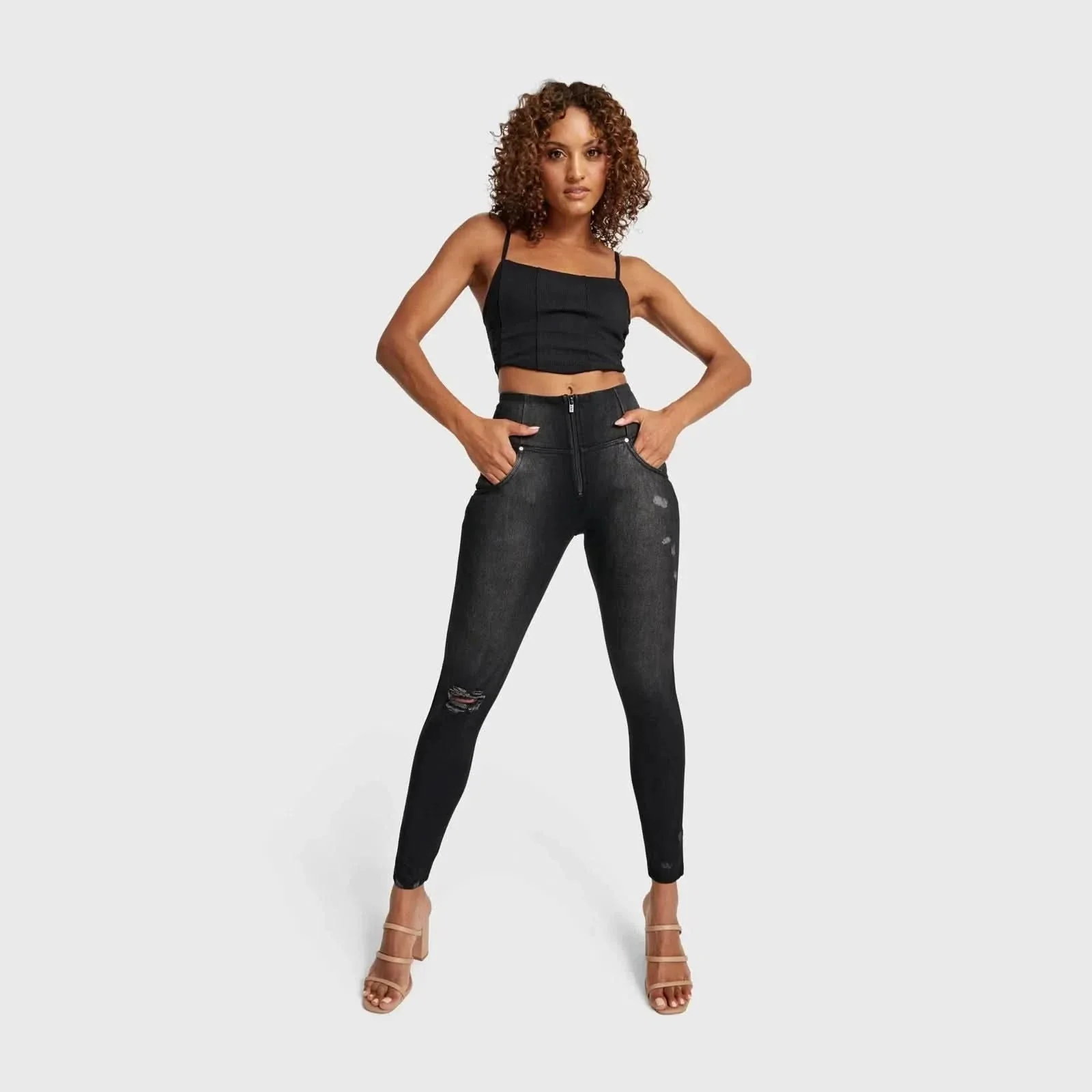 WRUP SNUG Distressed Jeans - High Waisted - Full Length - Black + Black Stitching - Image 3