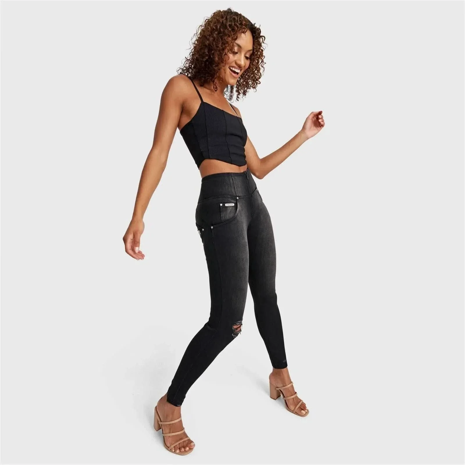 WRUP SNUG Distressed Jeans - High Waisted - Full Length - Black + Black Stitching - Image 5