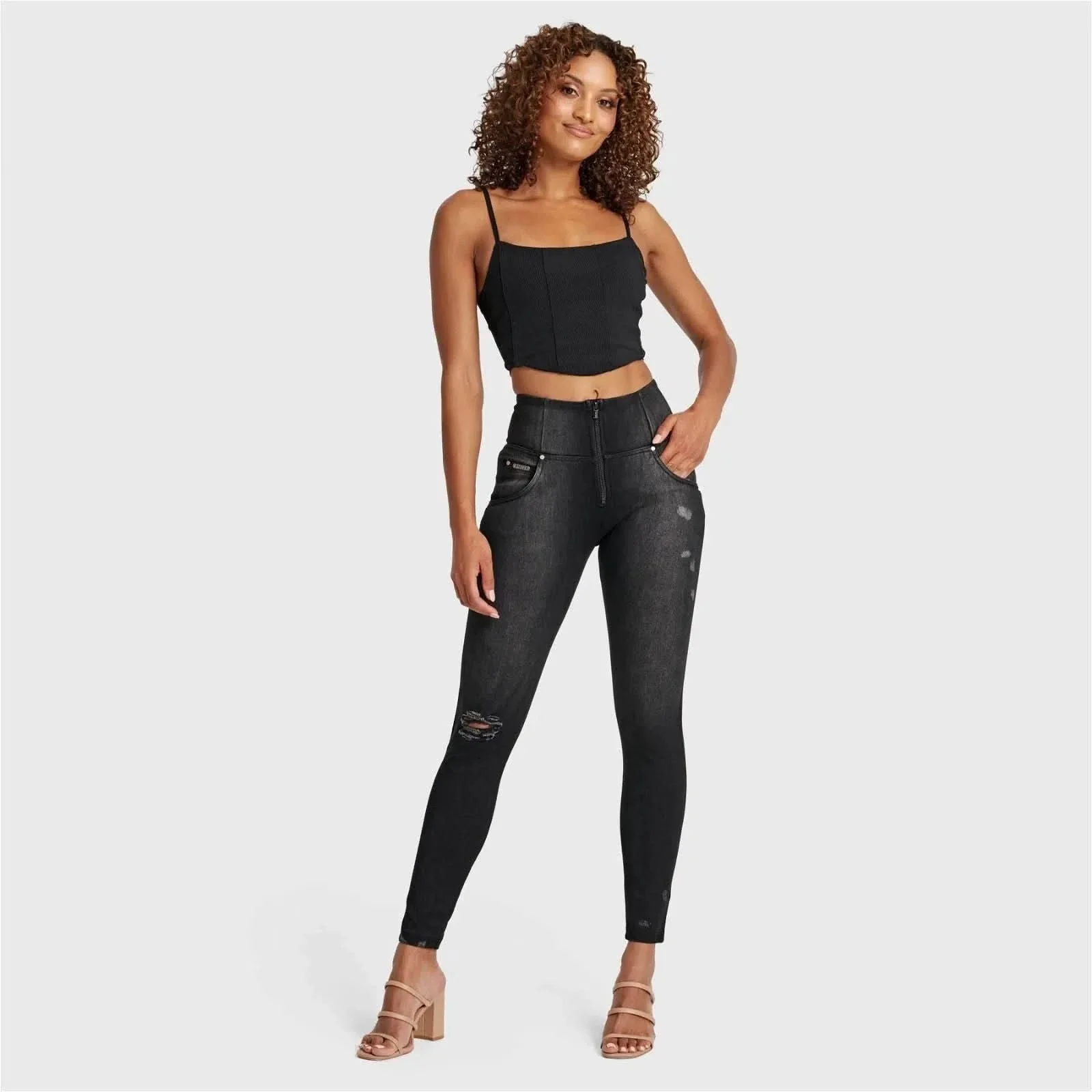 WRUP SNUG Distressed Jeans - High Waisted - Full Length - Black + Black Stitching - Image 6
