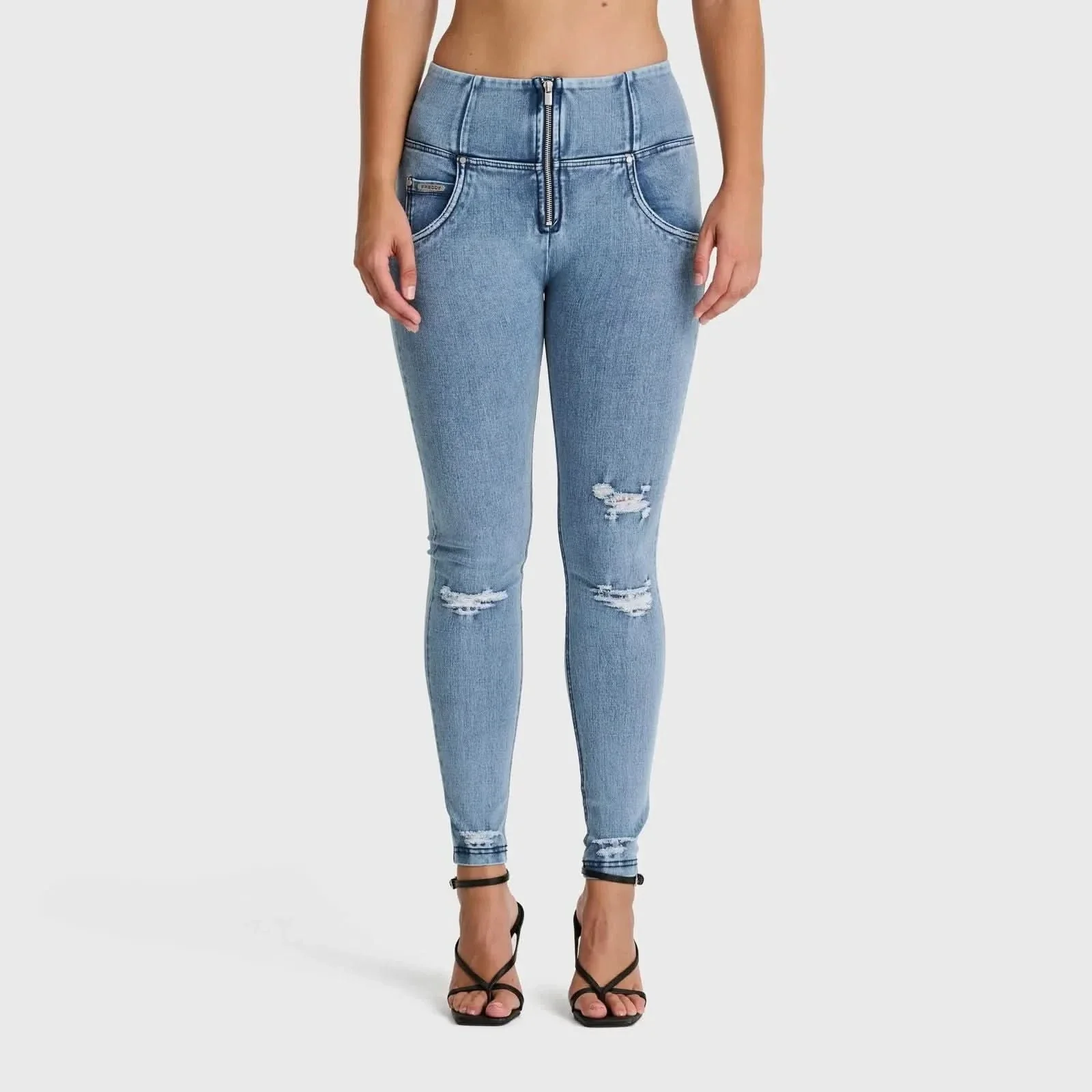 WRUP SNUG Distressed Jeans - High Waisted - Full Length - Light Blue + Blue Stitching - Image 4
