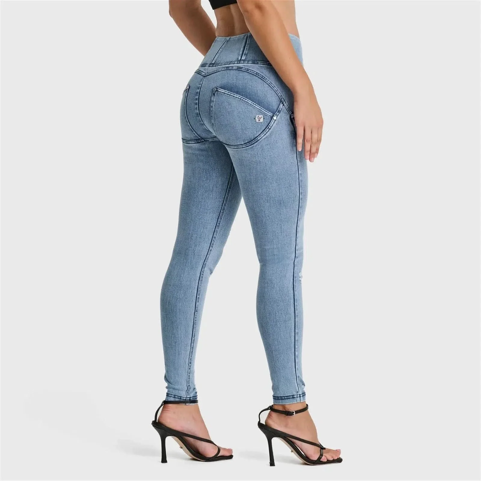 WRUP SNUG Distressed Jeans - High Waisted - Full Length - Light Blue + Blue Stitching - Image 8