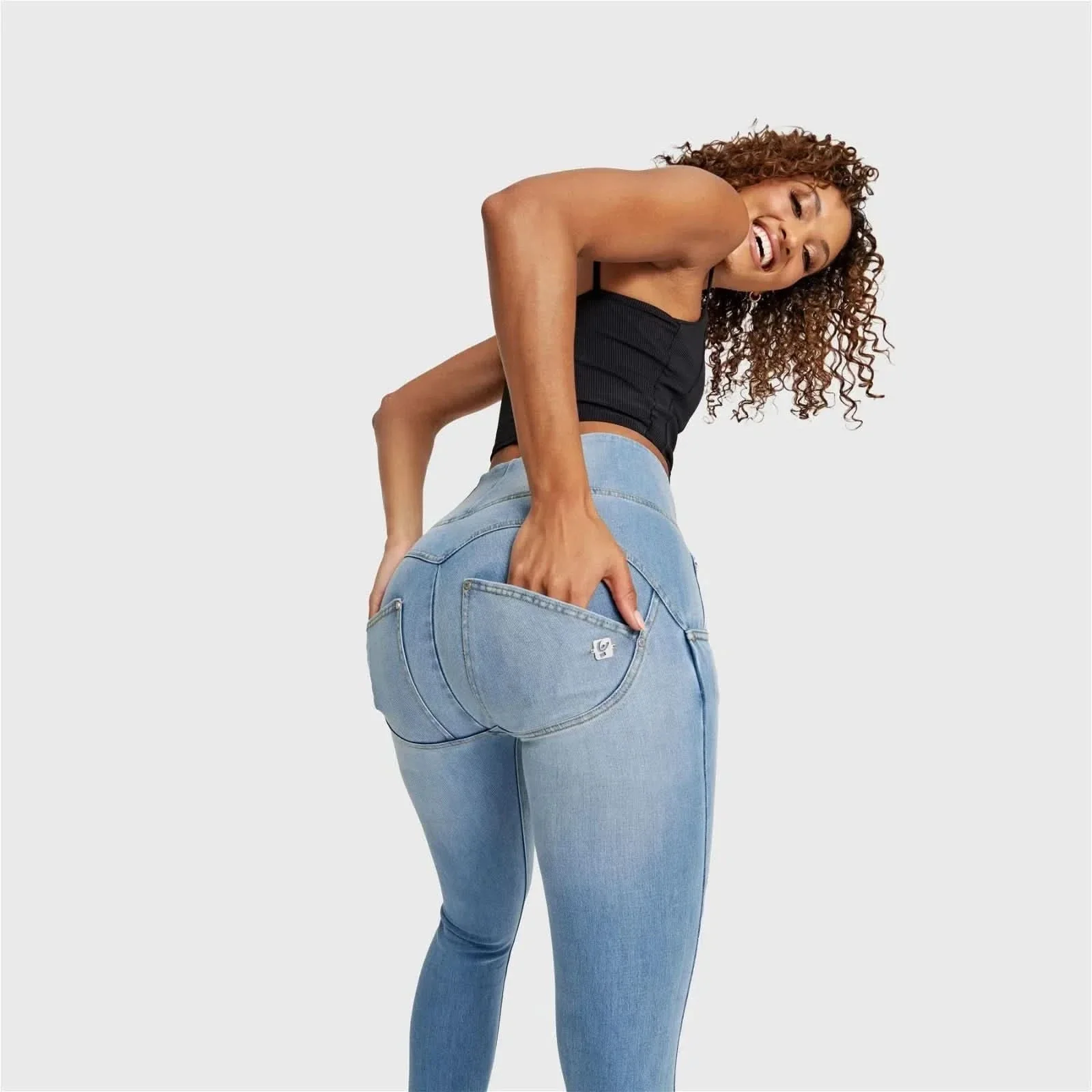 WRUP SNUG Distressed Jeans - High Waisted - Full Length - Light Blue + Yellow Stitching - Image 3