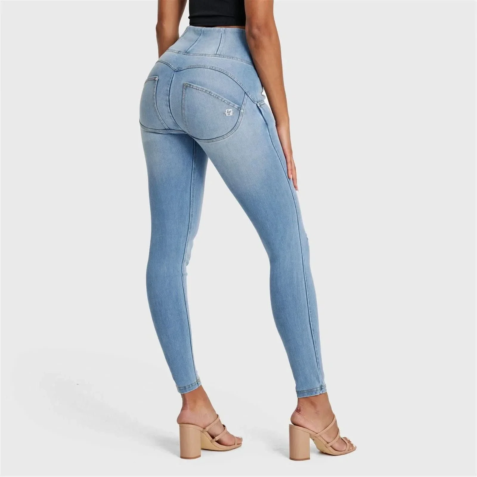 WRUP SNUG Distressed Jeans - High Waisted - Full Length - Light Blue + Yellow Stitching - Image 6