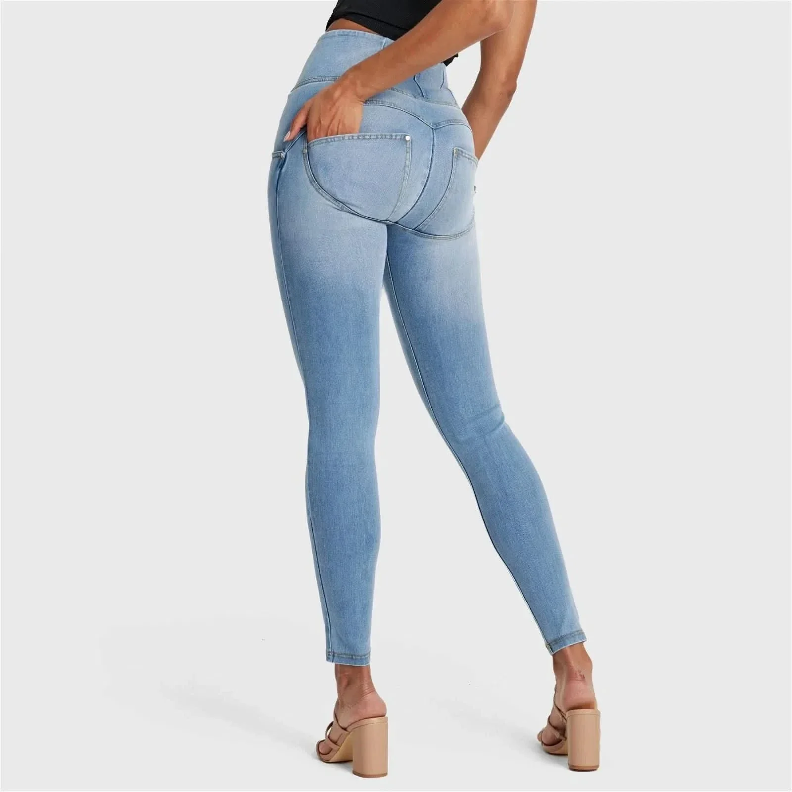 WRUP SNUG Distressed Jeans - High Waisted - Full Length - Light Blue + Yellow Stitching - Image 7